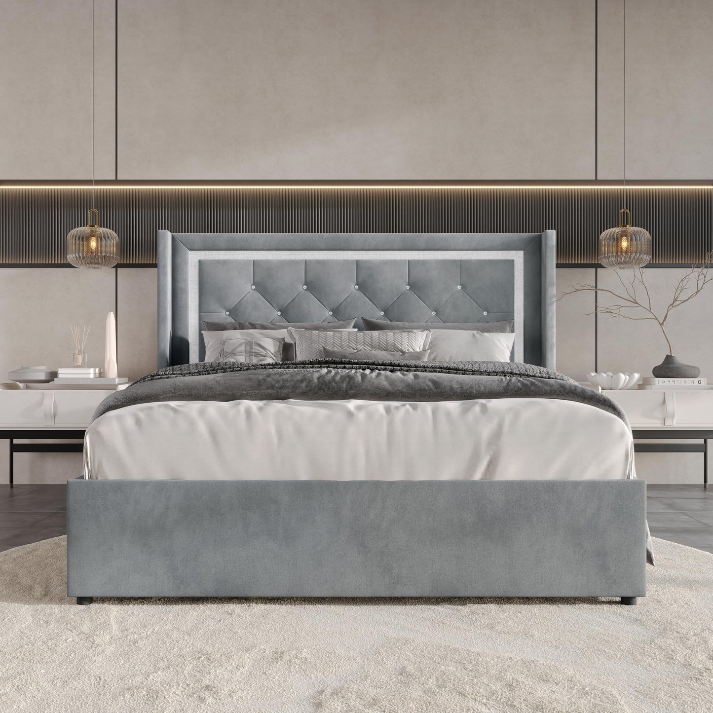 Castle Place Queen Wingback Velvet Upholstered Platform Lift-Up Storage Bed, Crystal Button Diamond Tufted and Diamond Strip Design, Light Grey