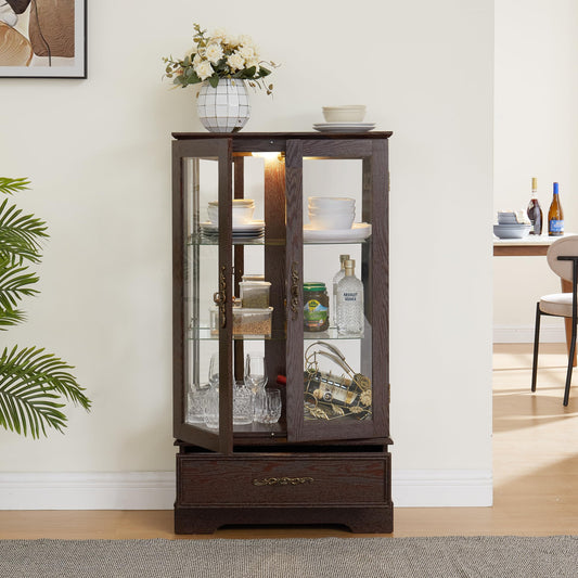 KEIKI 47" Glass Display Cabinet with Carved Metal Handle & Adjustable Shelves, Storage Curio Cabinet with 2 Door & 1 Drawer, 3-Tier Showcase Display Case, Easy Assembly, for Living Room, Cherry
