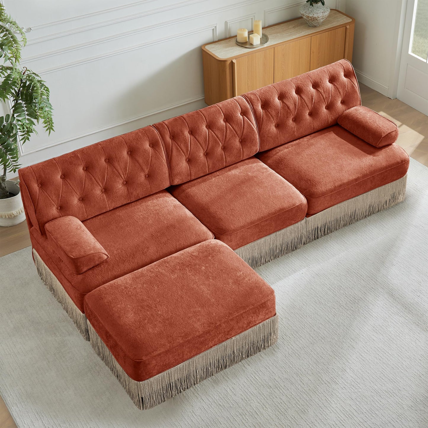 KEIKI 106" L-Shaped Velvet Chesterfield Style Modular Sectional Sofa, Oversized Button Tufted 3-Seater Couch with 1 Ottoman & Floor-grazing Tassel Fringe Skirt, Easy Assembly, for Living Room, Brown
