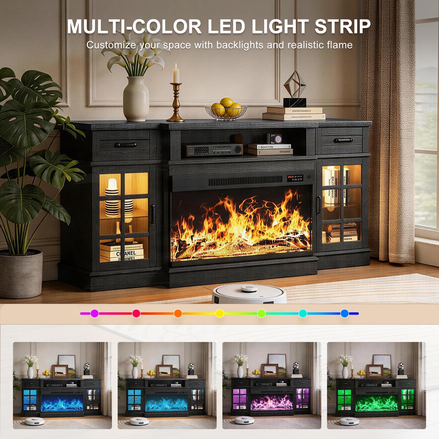 MXV 70" Fireplace TV Stand, 3-Sided Glass Fireplace and Modern Entertainment Center, Wooden Media Console with Glass Doors & Storage Drawers, LED Light, for Living Room, Black