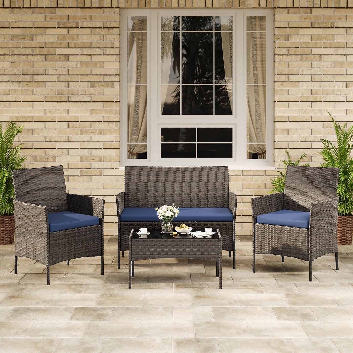 GAOMON 4-Piece Patio Furniture Set, Modern PE Rattan Conversation Set with 2 Chairs, Loveseat & Tempered Glass Coffee Table, All-Weather Outdoor Seating for Garden, Porch, Balcony, Poolside