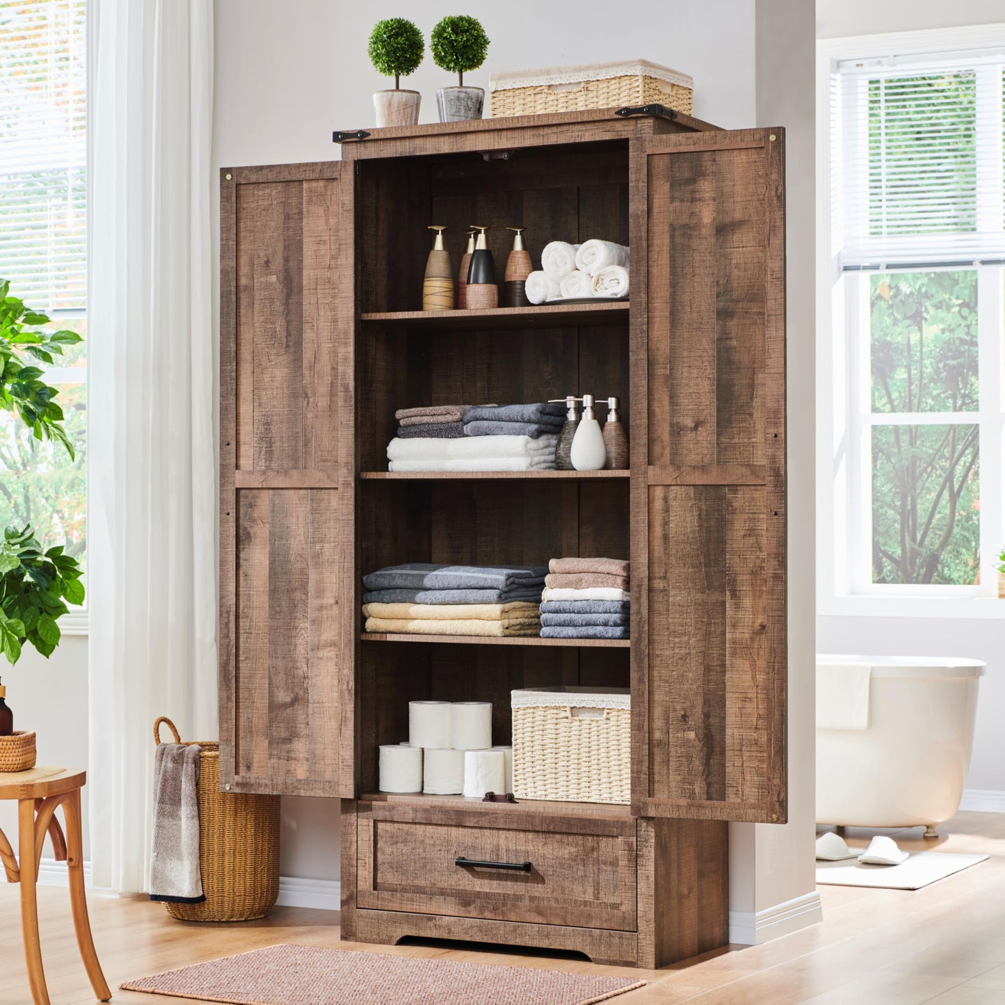 Farmhouse Kitchen Pantry Cabinet - 72" Tall Wood Kitchen Storage Cabinets with Adjustable Shelves & 2 Barn Doors & Drawer, Versatile Storage for Dining Room, Bathroom, Utility Room, Light Brown