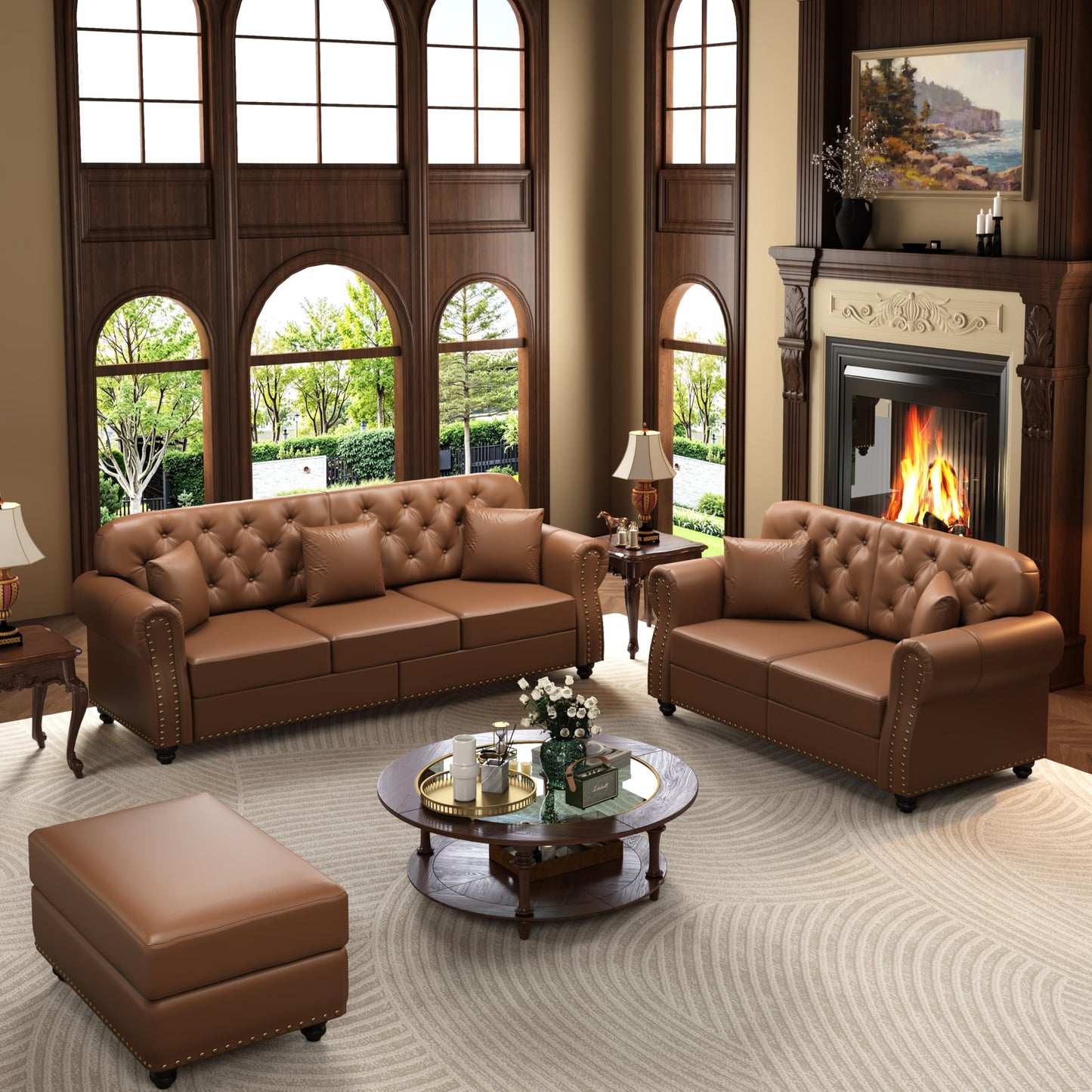 KEIKI 2-Piece Chesterfield Sofa Set with 1 Faux Leather 3-Seater Sofa & 1 Loveseat Sofa, Upholstered 5-Seater Couch Set with Nailhead Trim & Rolled Arms & 1 Ottoman & 5 Pillow, for Living Room, Brown