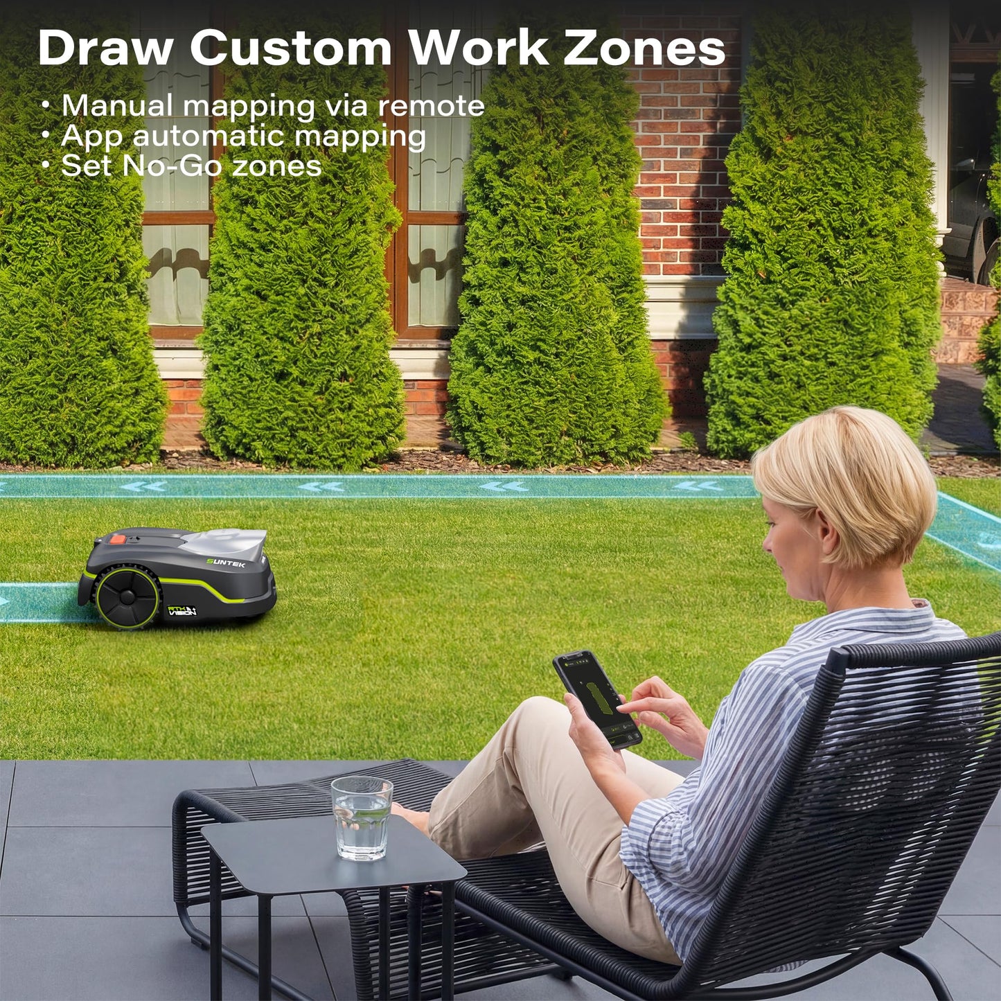 SUNTEK RTK Robot Lawn Mower, Perimeter Wire Free RTK+Vision Robotic Lawnmower for 1/4 Acres Lawn, Auto Mapping, APP Control, Multi-Zone Management, 35% Slope, Cutting Height 1.2''~2.4''