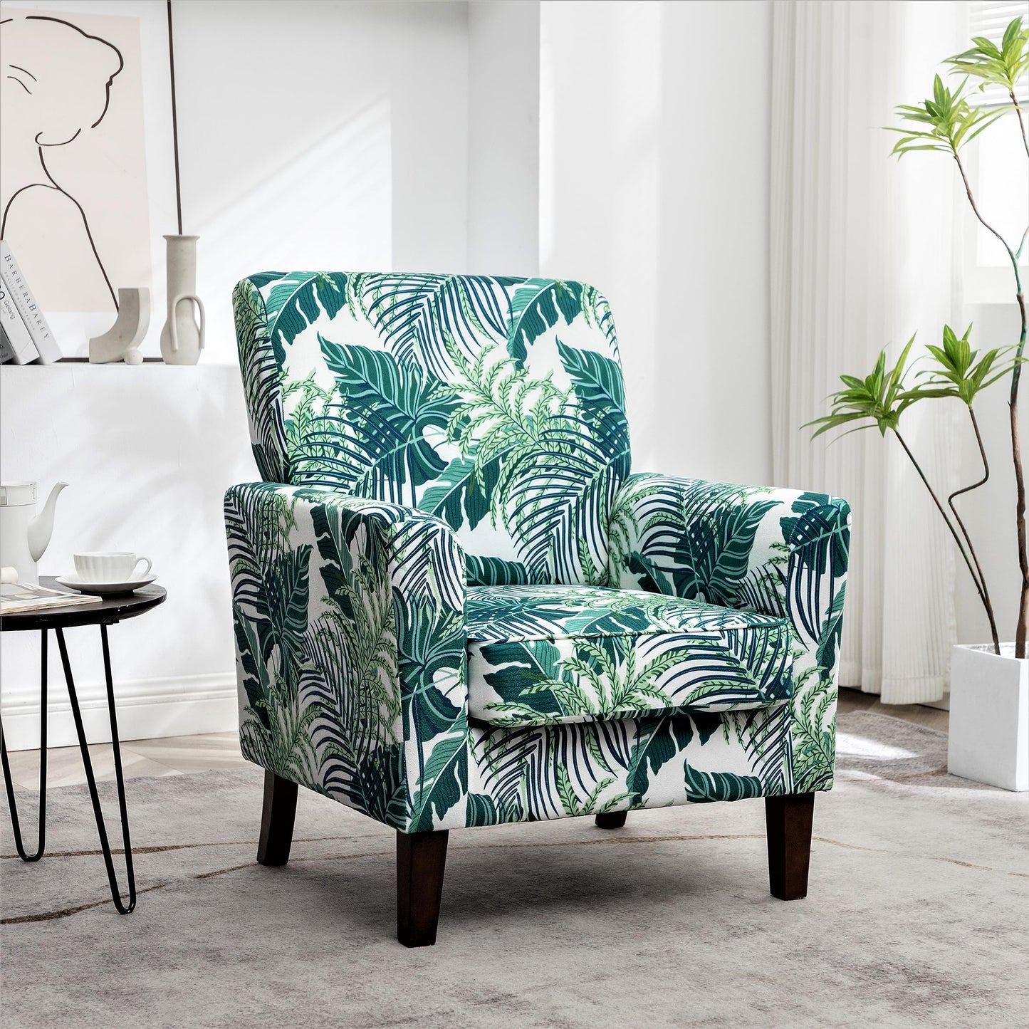 Container Furniture Direct Contemporary Accent Arm Chair with Birch Wood Frame and Velvet Upholstery, Armchair for Office and Living Room Decor, Removable Cushions, 01 Printed Fabric