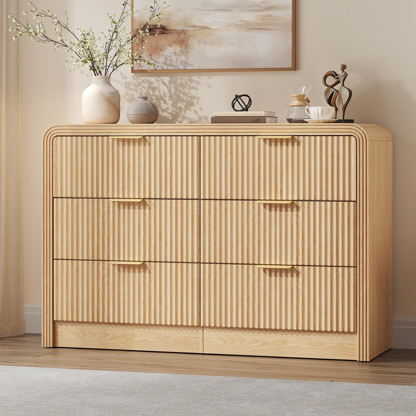 Decofy Fluted Drawers Dresser for Bedroom, Wood Dressers with Gold Handles, Modern Dressers with Wave Texture, Large Storage Chest of Drawers, Bedroom Dresser Organizer 47'' & 6 Drawers (Natural Oak)