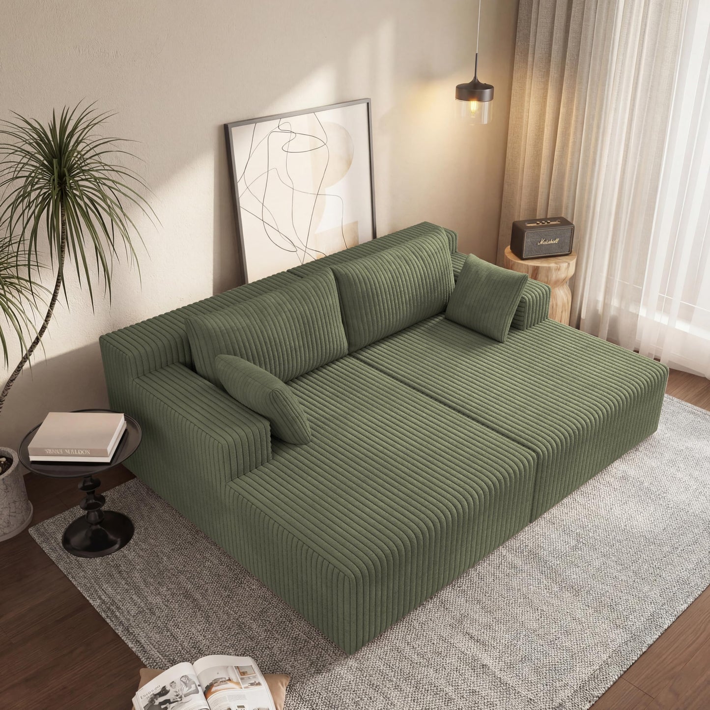 71-Inch Fluffy Corduroy Boneless Sleeper Daybed Loveseat Double Recliner Chaise Lounge Sofa Couches, Floor Cloud Sofa Chaise W/4 Pillows for Home Apartment Living Room