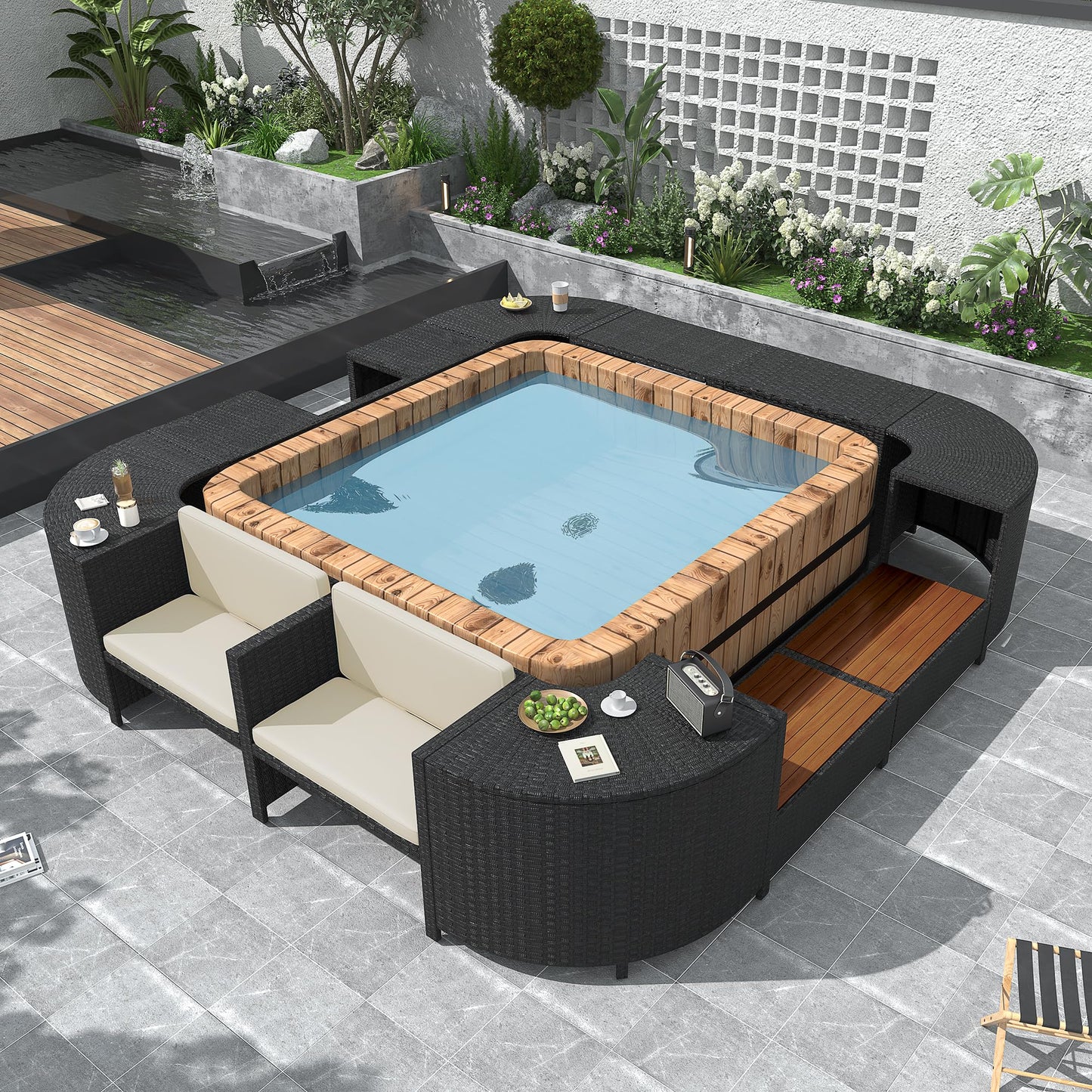 YOPTO Outdoor Waterproof Spa Surround Rattan Sectional Sofa Set with Mini Sofa,Wooden Seats and Storage Spaces Chaise w/Comfortable Cushion,Garden Furniture for Yard Pool Backyard,Beige