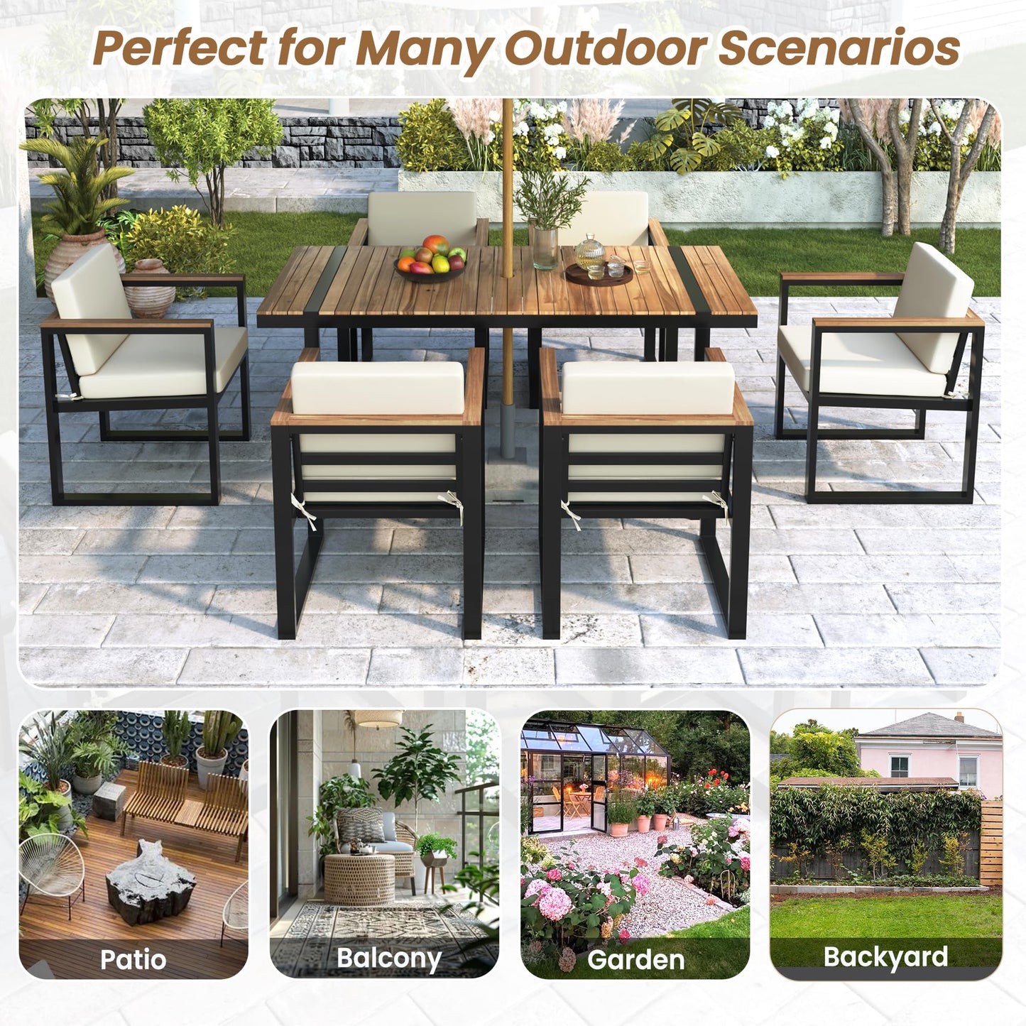 Outdoor Patio Sofa Set 4-Piece with Cushions, Woven Rope Design Seating, Acacia Wood & Steel Frame, Water-Resistant Fabric, 3-Seat Couch, Chairs & Dual-Layer Coffee Table for Garden Balcony, Beige