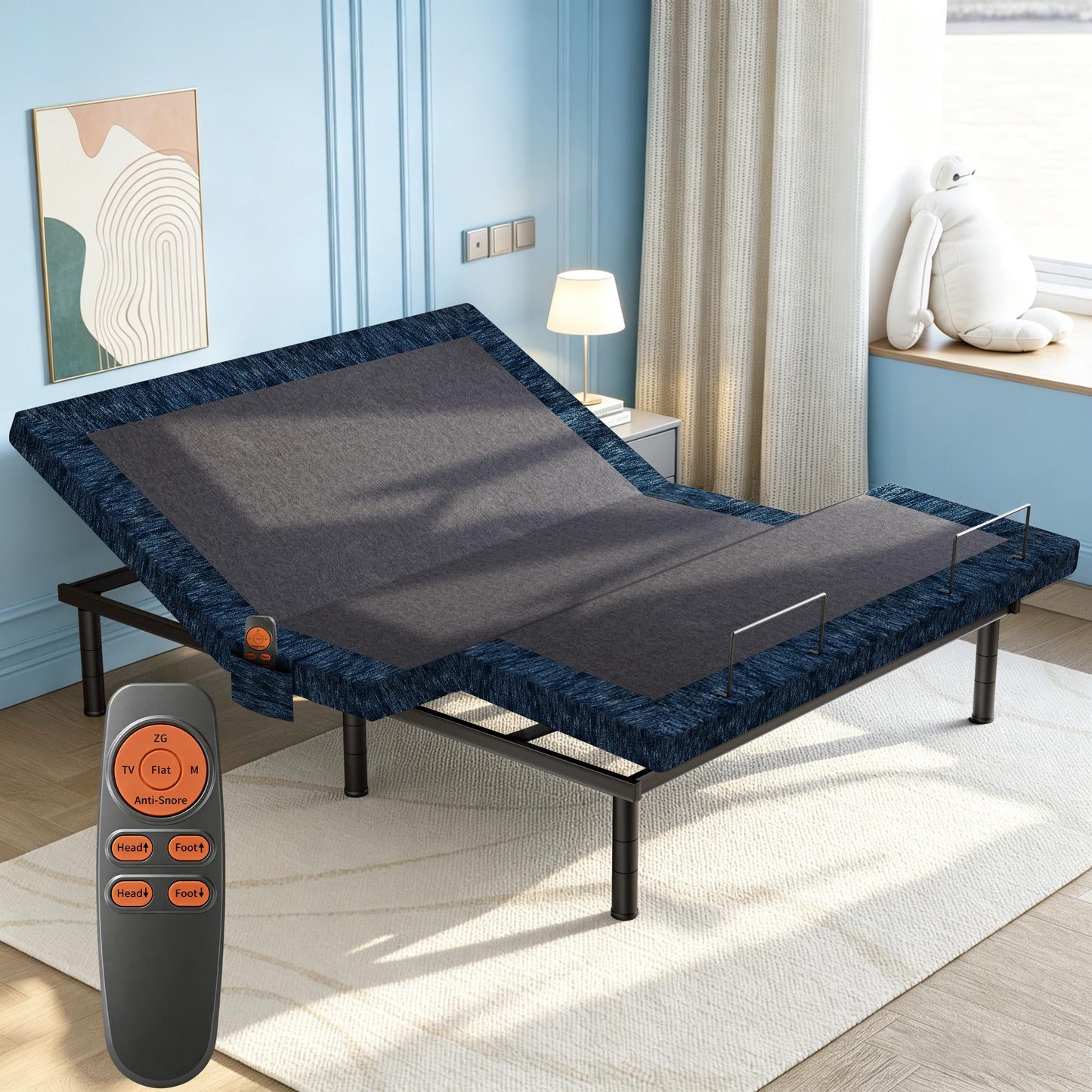 Zhumeiling Patented Design King Adjustable Bed Frame with Wireless Remote, Head & Foot Incline, Quiet Motor, Zero Gravity & Anti-Snore, Leg Height Options, Designed for Bedroom, Seniors Care