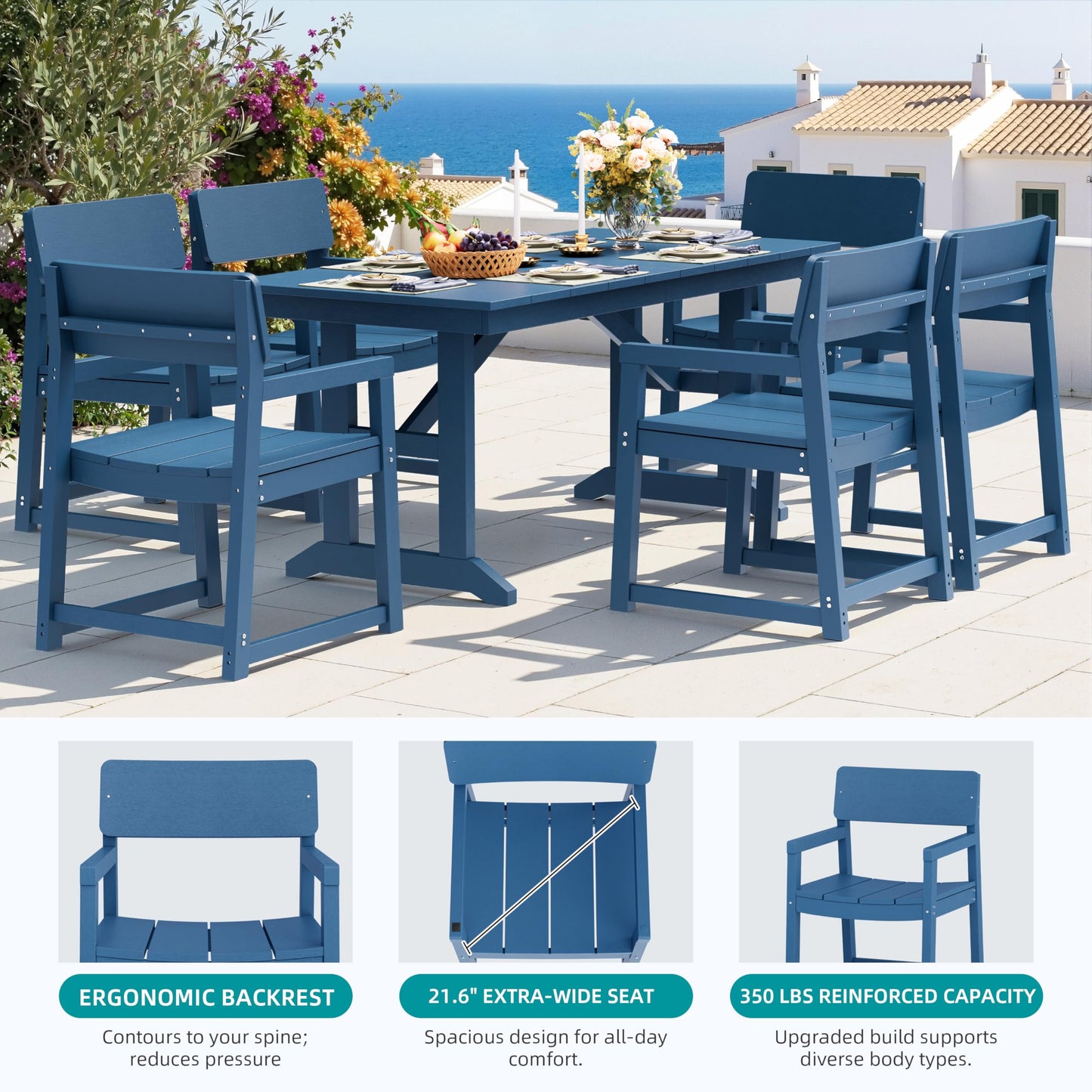 Shintenchi 7 Pieces Outdoor Dining Set,HDPE Outdoor Table and Chairs Set for 6,All Weather Patio Furniture Sets with Umbrella Hole,Modern Wooden Textured Dining Sets for Backyard,Garden,Blue