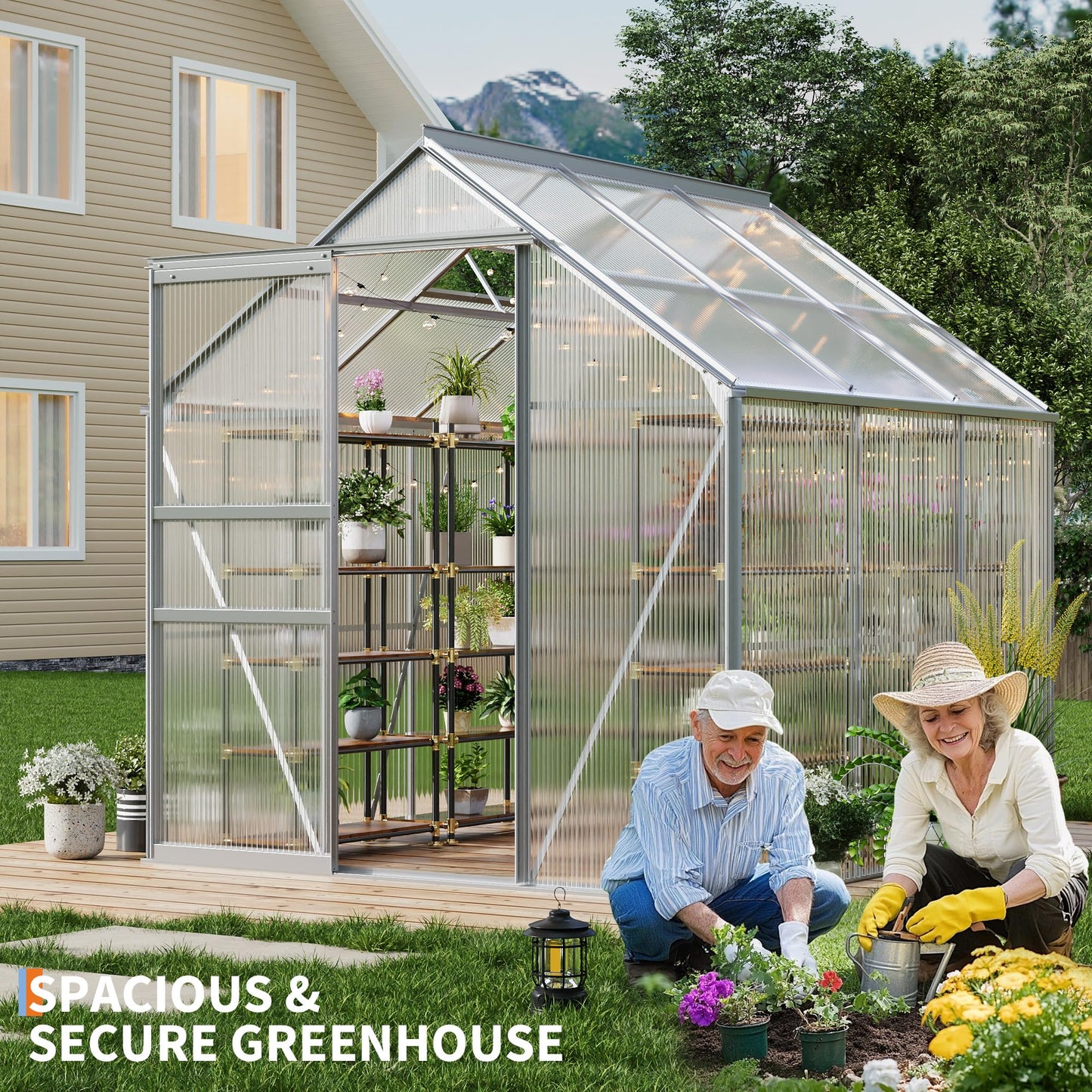 GarveeHome 6x6 FT Walk-in Greenhouse, Large Polycarbonate Green House with Sliding Door & Adjustable Roof Vent, Heavy-Duty Weatherproof Outdoor Greenhouse for Patio, Backyard, Garden