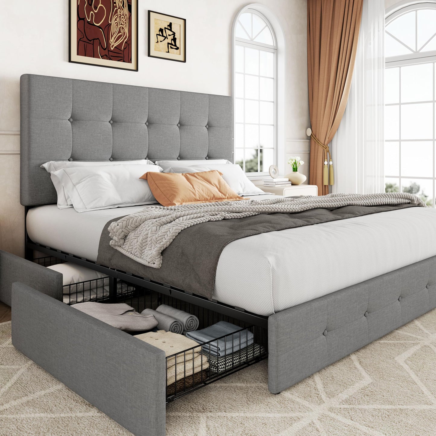 Allewie Upholstered Full Size Platform Bed Frame with 4 Storage Drawers and Headboard, Square Stitched Button Tufted, Mattress Foundation with Wooden Slats Support, No Box Spring Needed, Light Grey