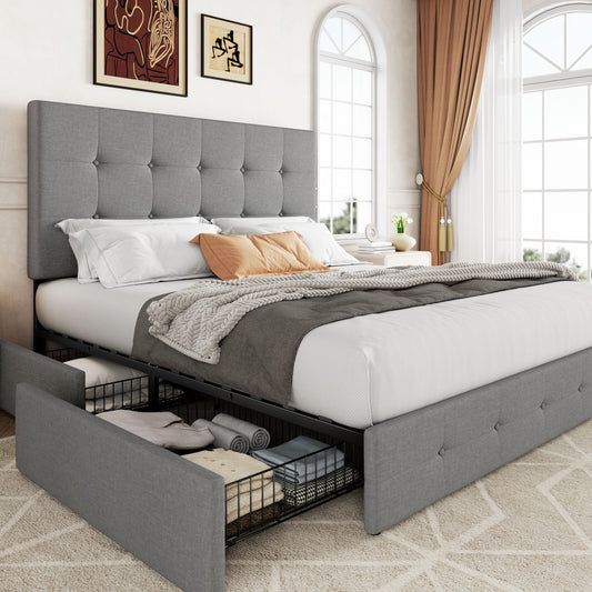 Allewie Upholstered Full Size Platform Bed Frame with 4 Storage Drawers and Headboard, Square Stitched Button Tufted, Mattress Foundation with Wooden Slats Support, No Box Spring Needed, Light Grey