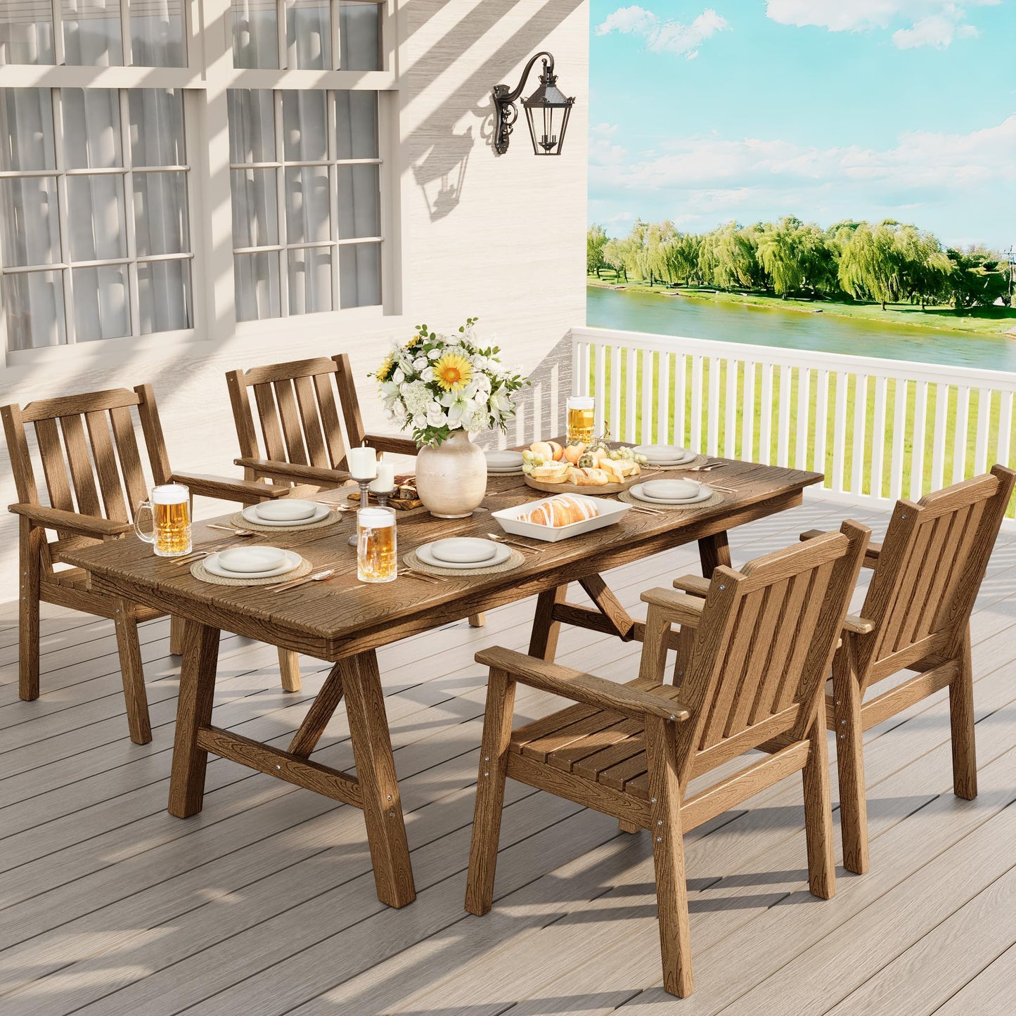 IDEALHOUSE 5-Piece Outdoor Patio Dining Set for 4-6, HDPE Table with Umbrella Hole and Sturdy Aluminum Frame, Weather-Resistant Garden Table and Chairs for Backyard, Poolside and Porch, Brown