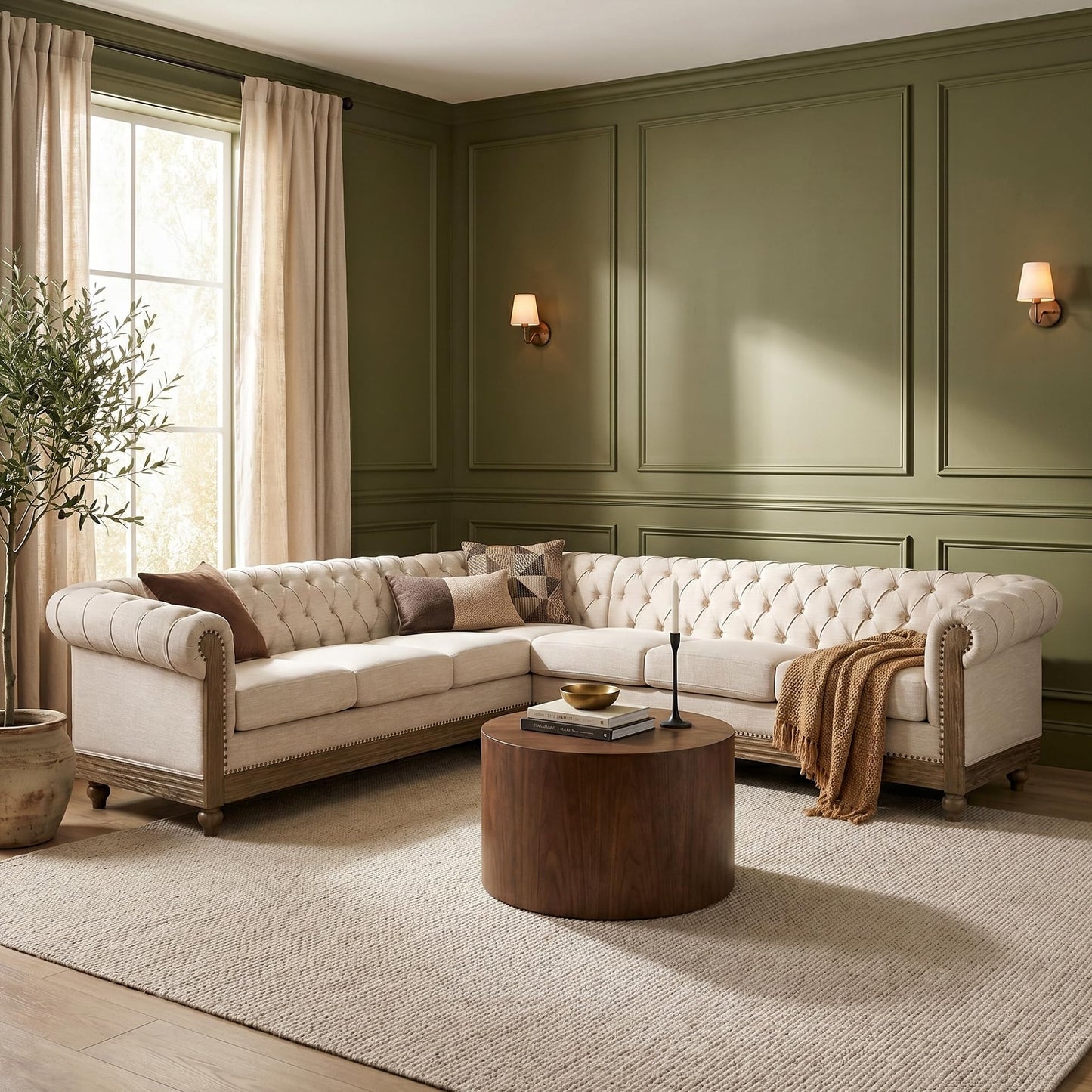 Merax Chesterfield Sofa, Retro Upholstered 6 Seater Rolled Arm Couch for Living Room Bedroom Office, Beige