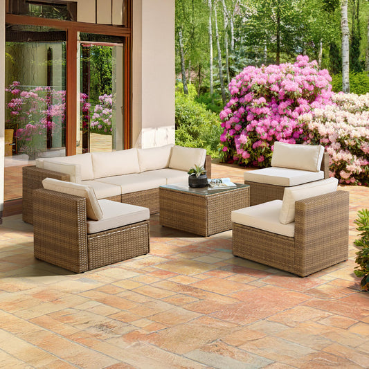 Alaterre Furniture Montara 7 Piece Modular Outdoor Patio Furniture Set - Weather-Resistant Wicker Rattan Patio Table and Chairs Set - Outdoor Couch Set for Backyard, Porch, or Deck (Tan/Cream)