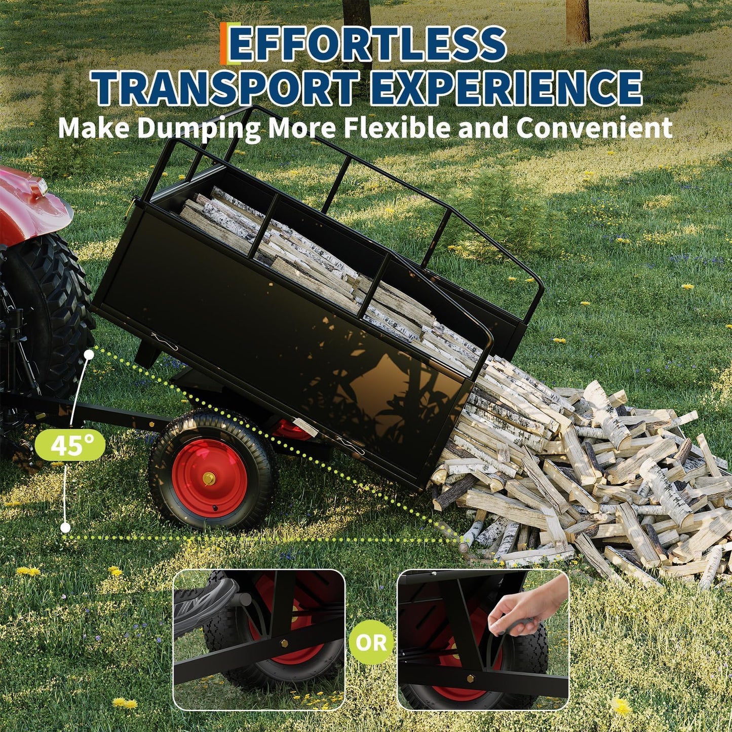 750 lbs 17 Cubic Feet Steel Dump Cart Trailer with Removable Sides, All Terrain Tires for Lawn Mower, Tractor, ATV | Heavy Duty Yard Garden & Farm Utility Trailer for Hauling Rocks, Soil, Debris