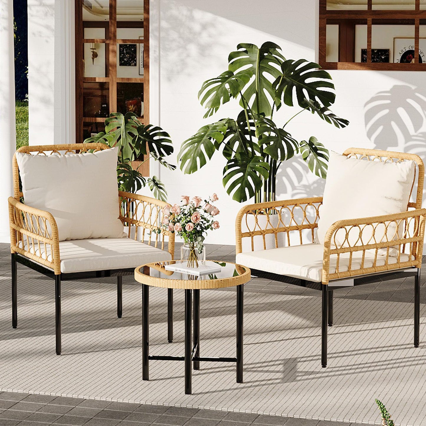 GarveeLife Wicker 3 Pieces Patio Bistro Sets Outdoor Conversation Sets with Glass Top Side Table and 2 Modern Rattan Chairs, Patio Furniture Set for Apartment, Backyard, Porch, Balcony, Lawn (Beige)