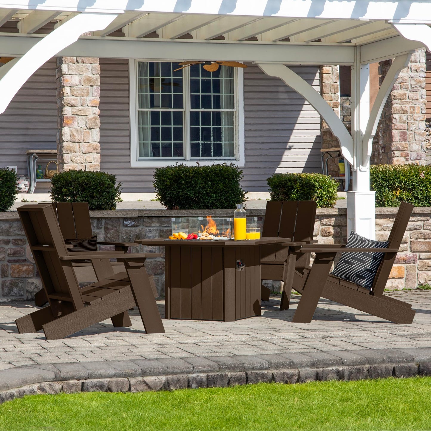 Oasis 5-Piece Conversation Set with Fire Pit Table, 4 Italica Modern Adirondack Chairs and 40” Fire Pit Table with Glass Wind Guard and Rain Cover, Weathered Acorn