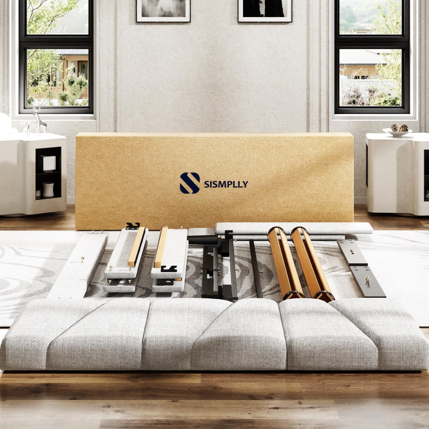 Sismplly Queen Size Platform Bed Frame with Upholstered Headboard, Wooden Slats Support, Noise Free, No Box Spring Needed, Easy Assembly, Light Grey, Linen