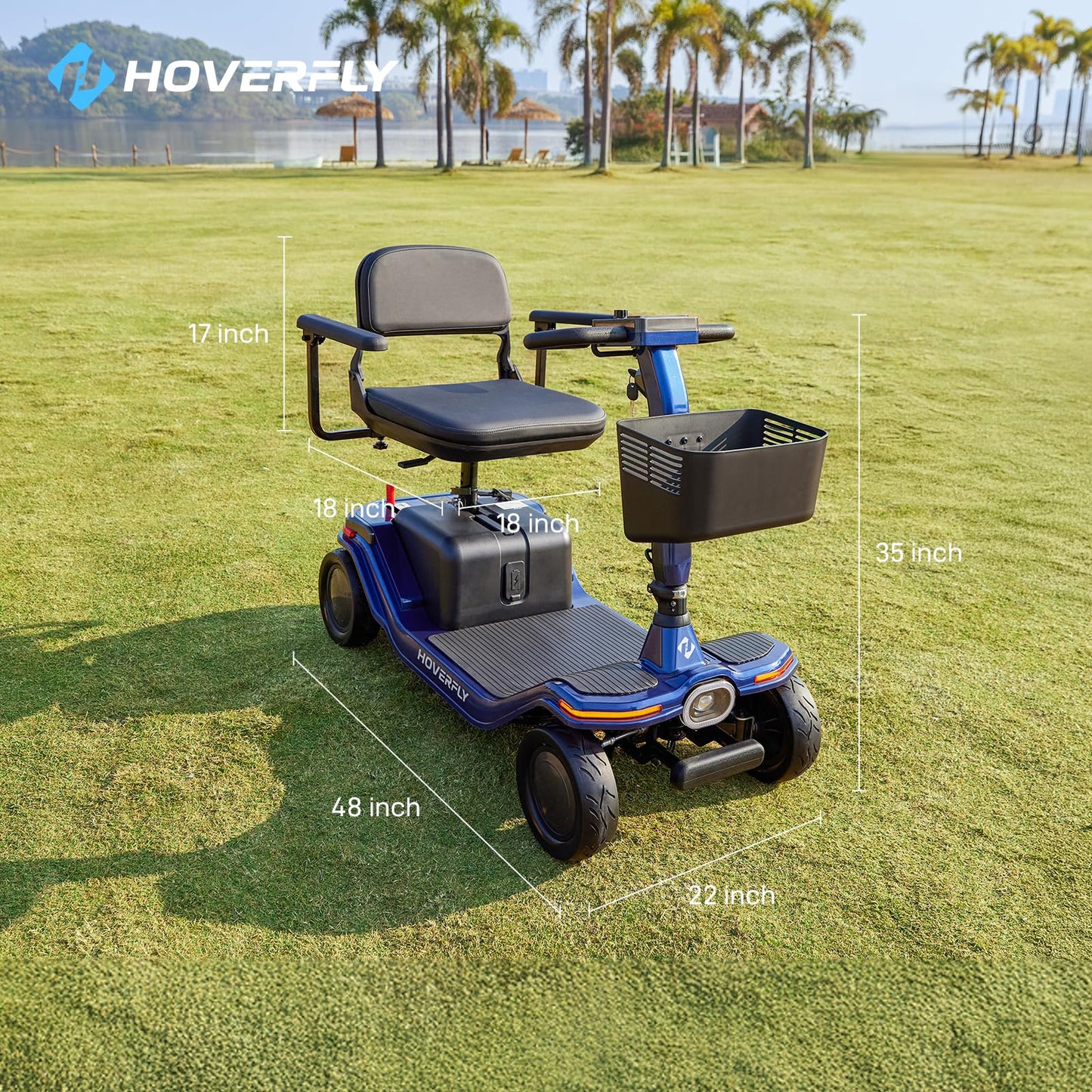 Hoverfly T5 Mobility Scooter for Seniors, Max 16.8-Mile Range & 5 mph, 3-Position Seat & Anti-slip Rear Wheel, Removed Battery & Quick Fold Design, Solid 9" Tire&330 lb Capacity, Ease of Assembly Blue