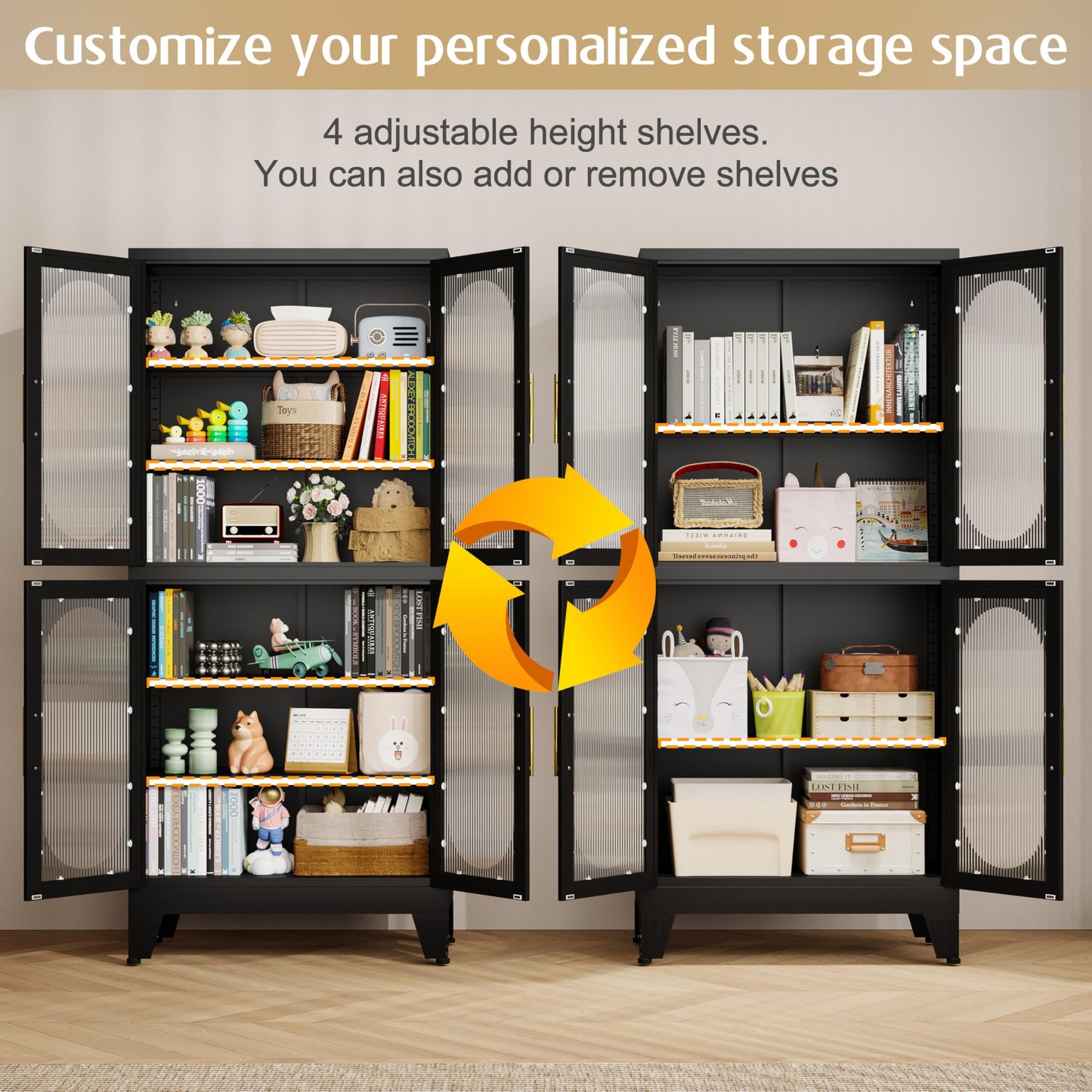 GAIOUS 63" Tall Steel Corner Cabinet, Metal Storage Cabinets with 4 Doors and 3 Shelves, Pantry Cabinets with 6 Door Panel Shelves, Farmhouse Cupboard for Kitchen Dining Room Hallways, Black
