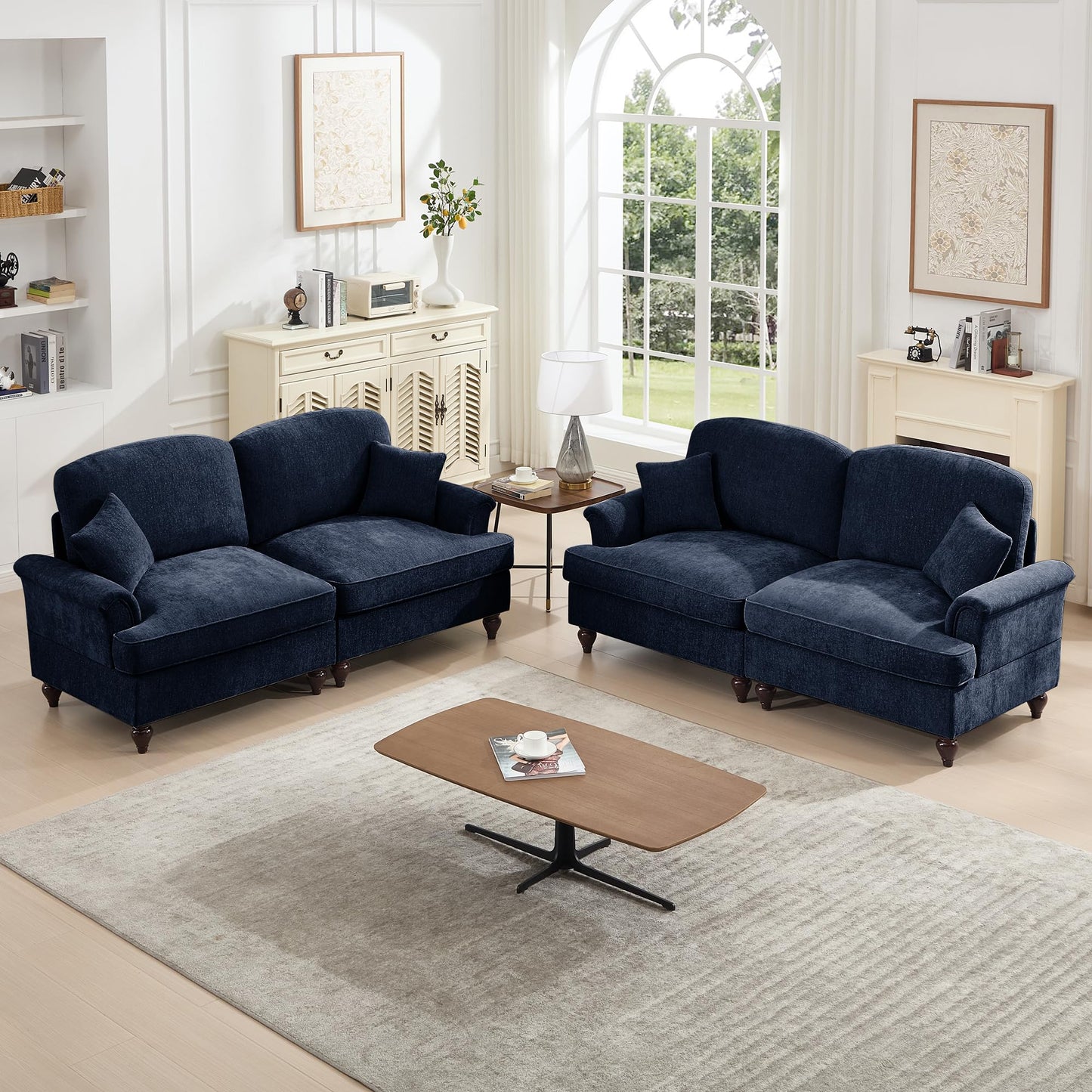 KEIKI Modular Sectional Sofa, 2 Seat Sofa Sets with Removable Ruffles Pleats Skirts, 2 Piece Modular Deep Seat Sofa for Living Room, Blue