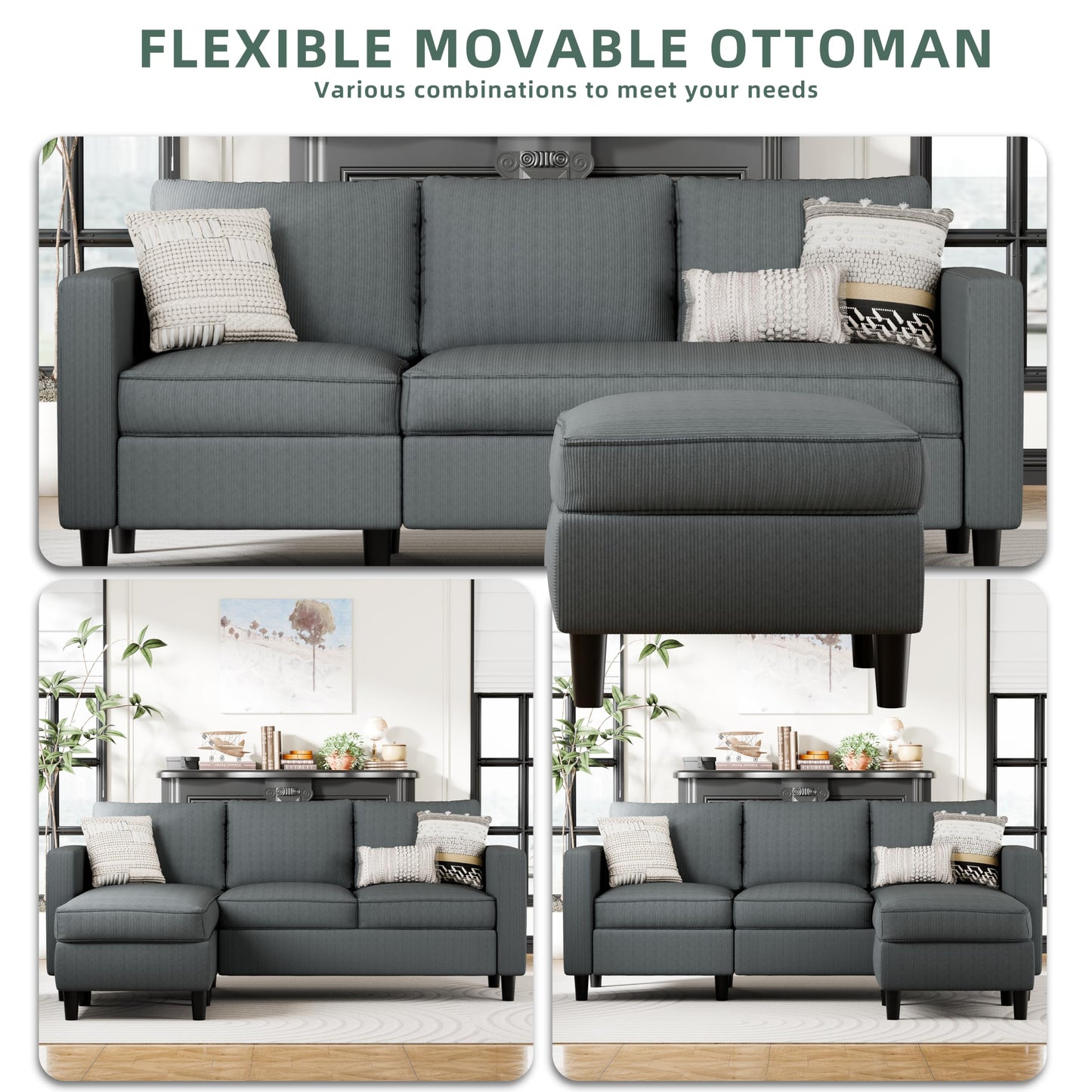 SUNLEI L-Shaped Sectional Couch, Modern Grey Reversible Sectional Sofa with Reversible Ottoman, 3-Seat Compact Couches for Living Room Apartment, Studio & Office, Easy Assembly, Grey