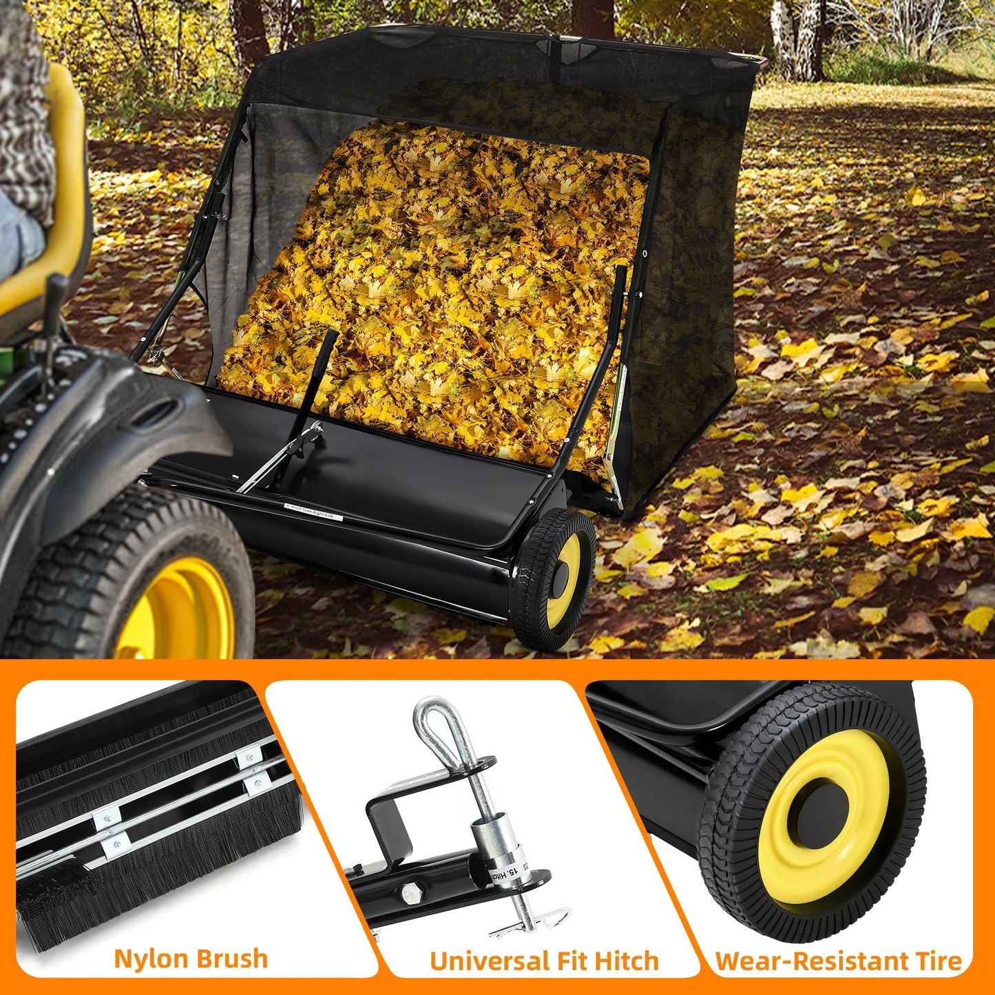 52" Heavy Duty Tow Behind Lawn Sweeper - 26 Cu.ft Hopper, Adjustable Sweeping Height, Pull Behind Yard Sweeper for Leaves, Grass & Debris, Compatible with Riding Mowers, Tractors, ATVs, Black