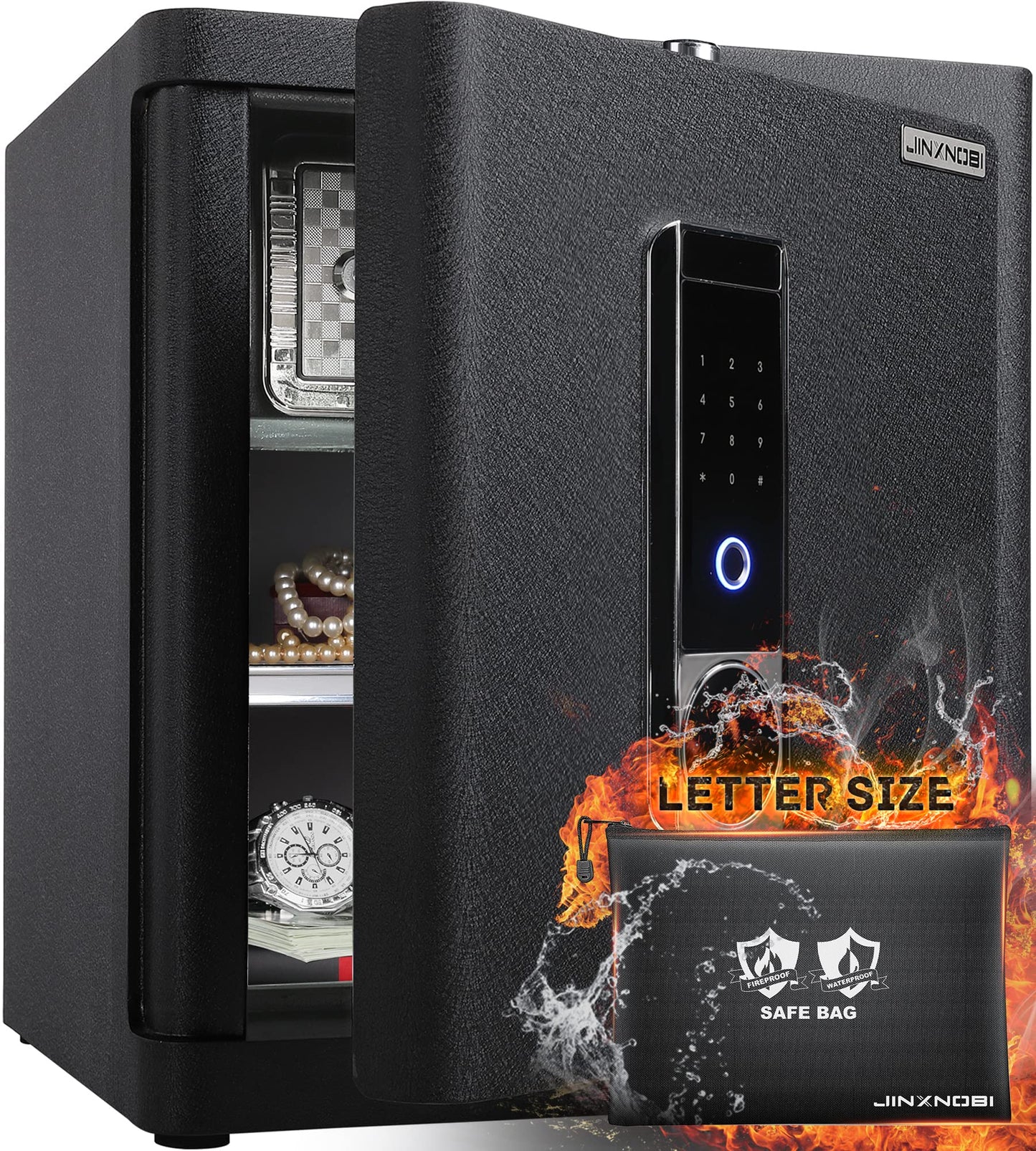 JINXNOBI Deluxe Biometric Safe with Fireproof Waterproof Bag,2.25 Cubic Feet Safe Box with Fingerprint Access,Security Lock for Home Office Hotel, 66lbs