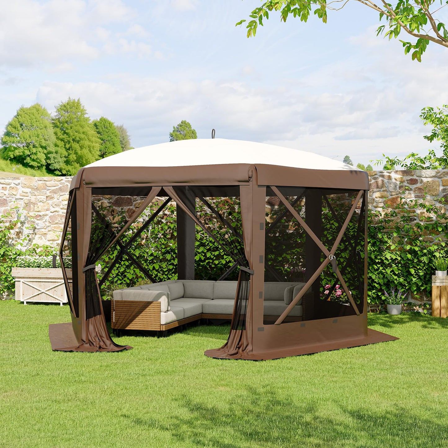Garvee 12FT Pop-Up Gazebo 6-Sided, Outdoor Canopy Tent with Mosquito Netting & Removable Wind Cloths for Camping, Backyard Parties, Outdoor Events, Beige & Khaki