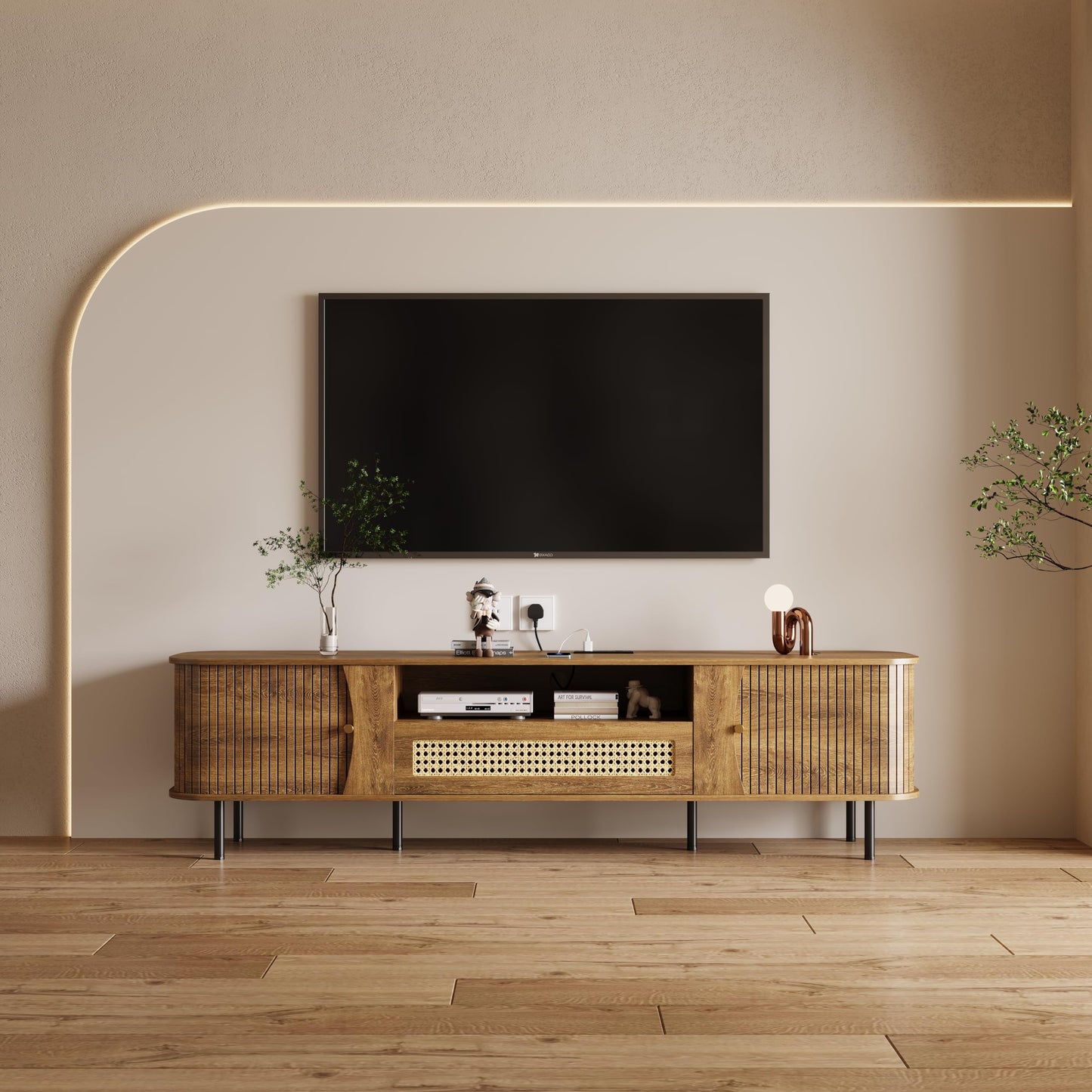 basenji Fully Assembled 71" Mid Century Modern TV Stand with Power Outlet and Sliding Doors, Rattan Entertainment Center with Storage, Wood Media Console,TV Consoles for Living Room,Walnut