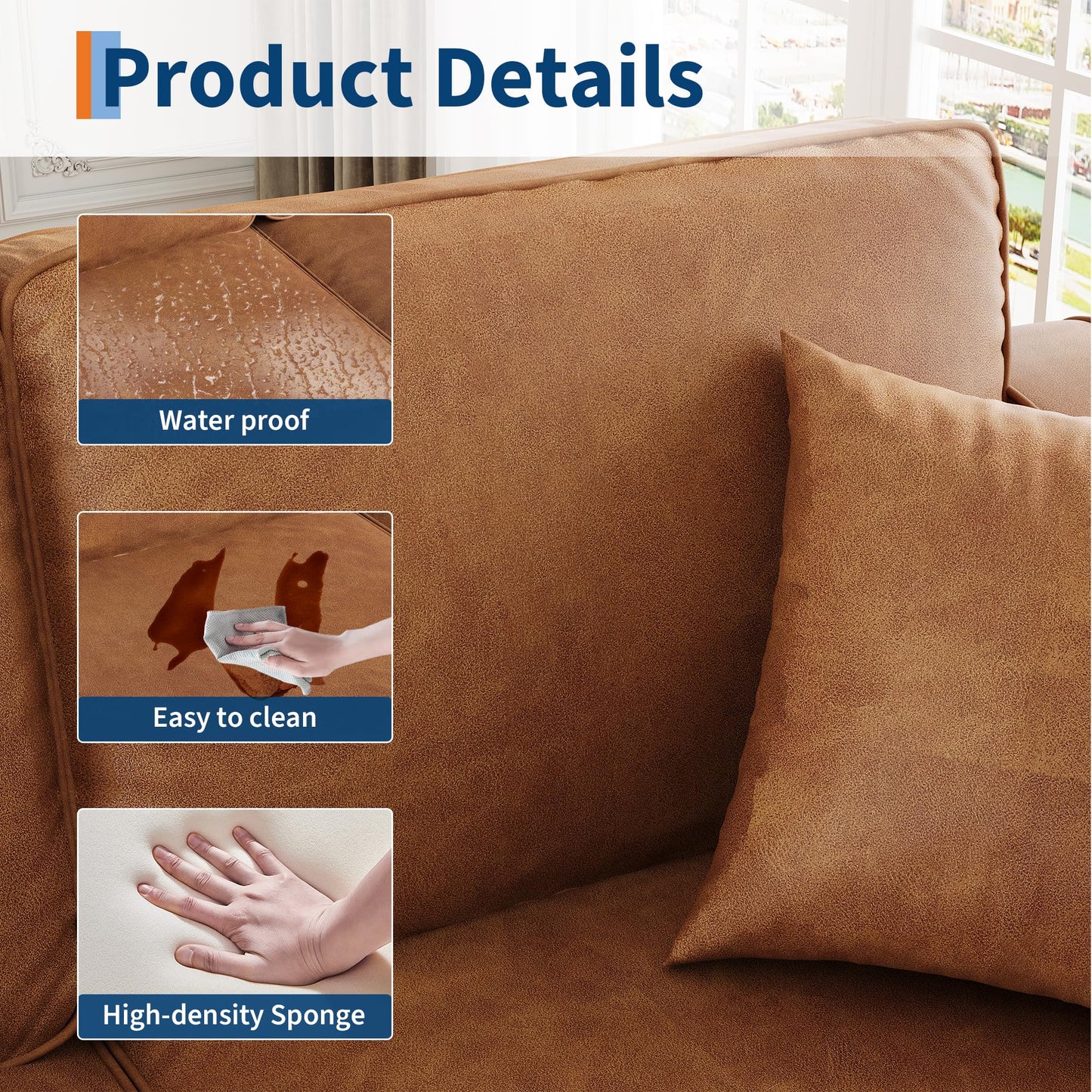 Faux Leather Couch with 2 Throw Pillows, Sofa Couches for Living Room, 3 Seater Sofa with Wide Armrests, Wood Legs, Deep Seats, Back Cushion, Sturdy Support Feet, for Office, Living Room, Brown