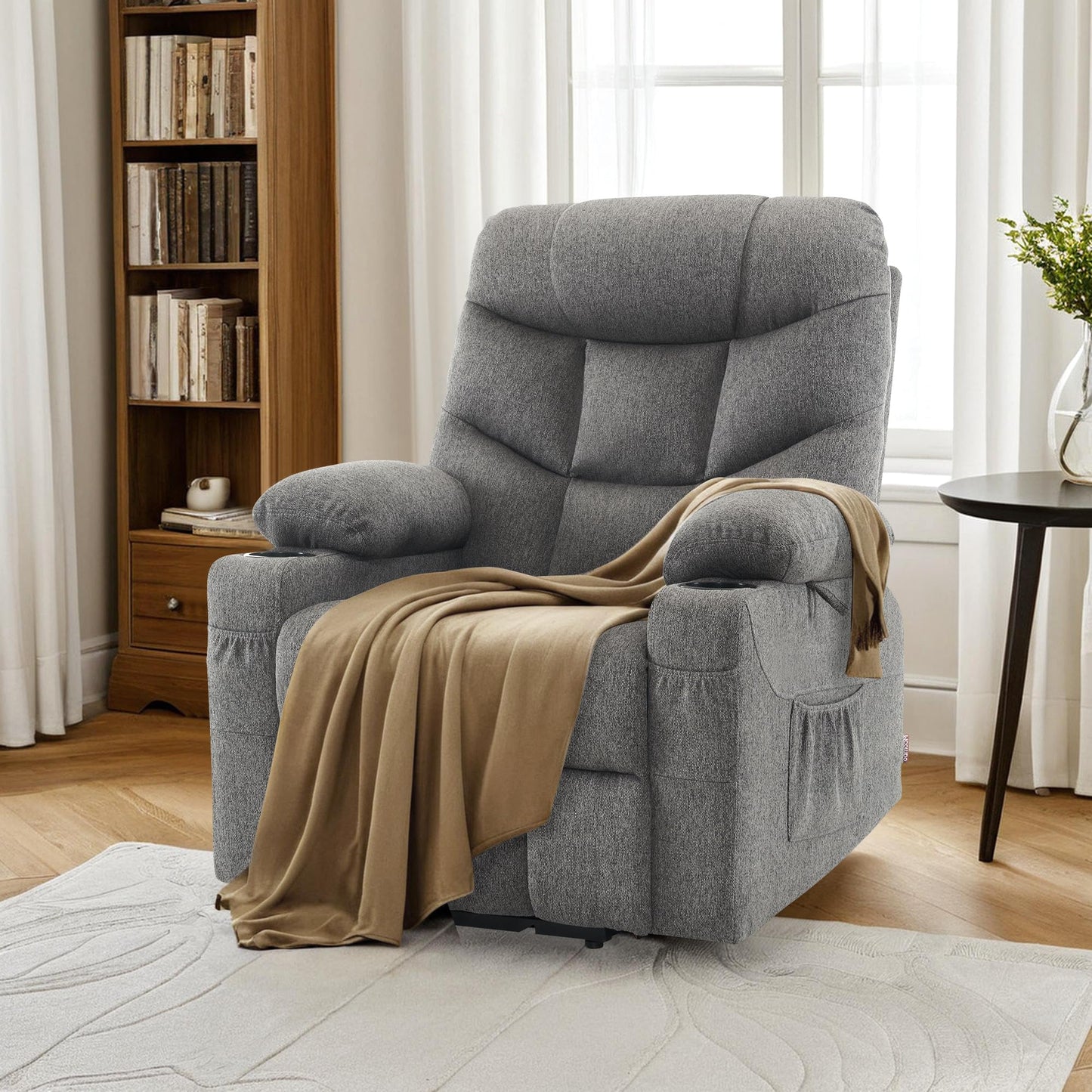 MCombo Power Lift Recliner Chair for Elderly, Electric Lift Chair with Extended Footrest, USB Ports, Cup Holders, Fabric 7287 (Dark Gray, Medium)