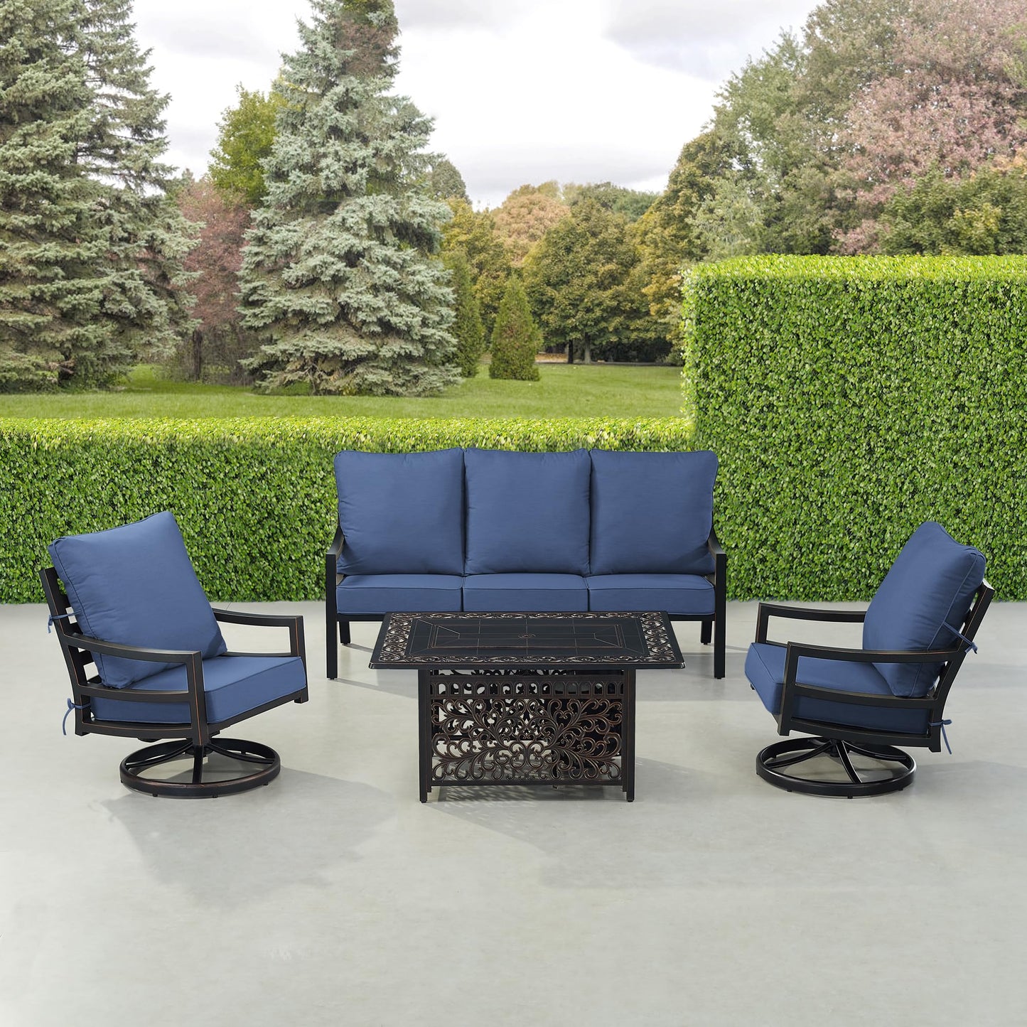Oakland Living Black Aluminum Patio Fire Table Set with Deep Seating Sofa with Cushions and Two Club Chairs with Blue Cushions