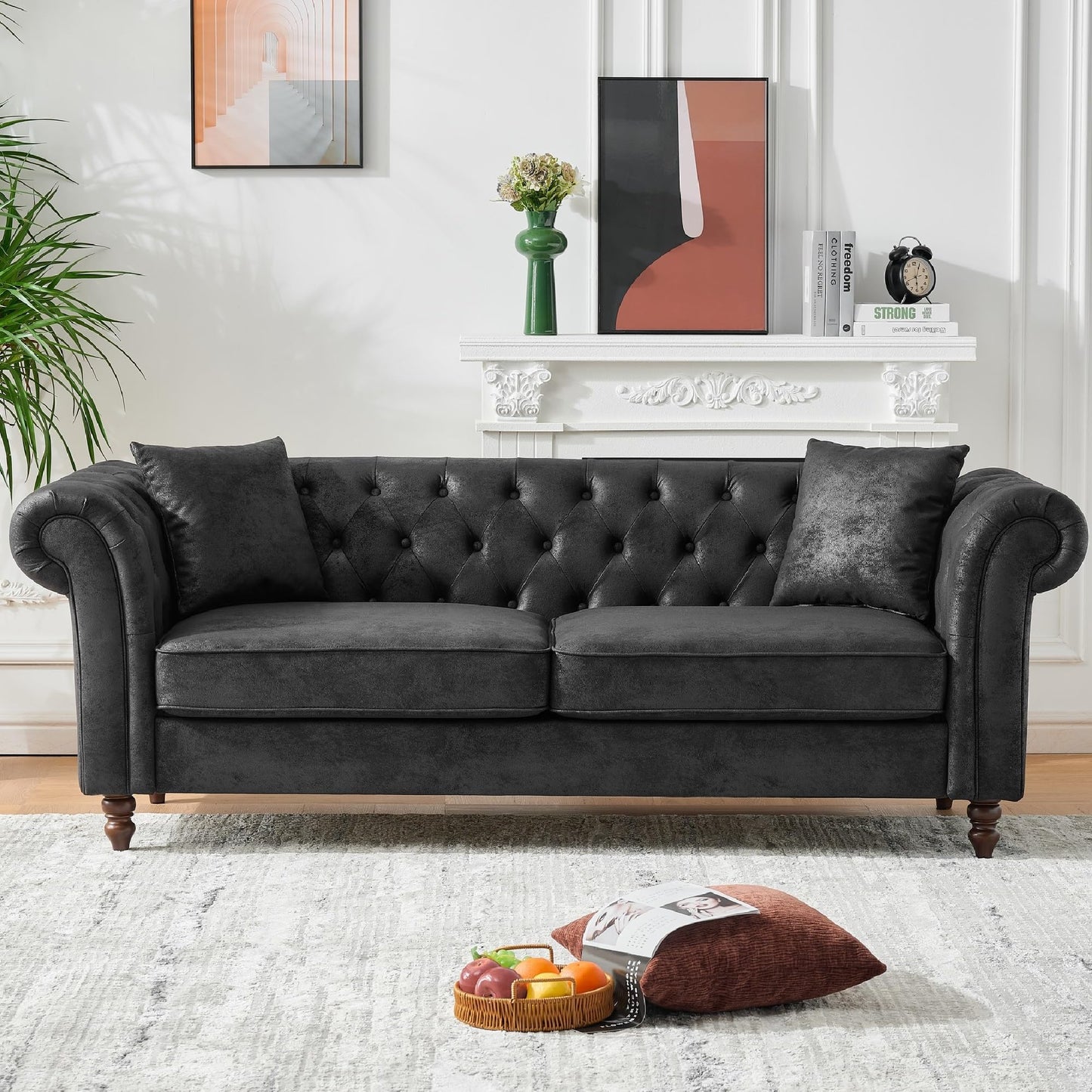 KEIKI Luxury Modular Chesterfield Leather Sofa Couch Set, Mid Century Modern Combo 5 Seater Couches w/Roll Armrest, Comfy Sleeper Cloud SofaBed for Office & Apartment Living Room, Easy Assembly, Black