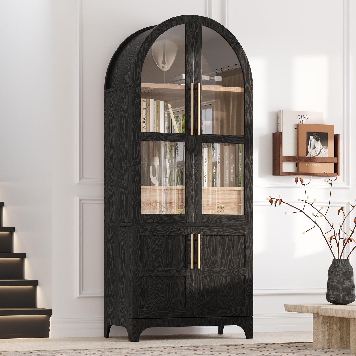 GDFStudio Mariah 71" Tall Arched Kitchen Pantry Cabinet with Hidden Drawer, Glass Door & Adjustable Shelves, Farmhouse Storage Cabinet Cupboard for Kitchen Dining Room, Home Pantry Storage, Black