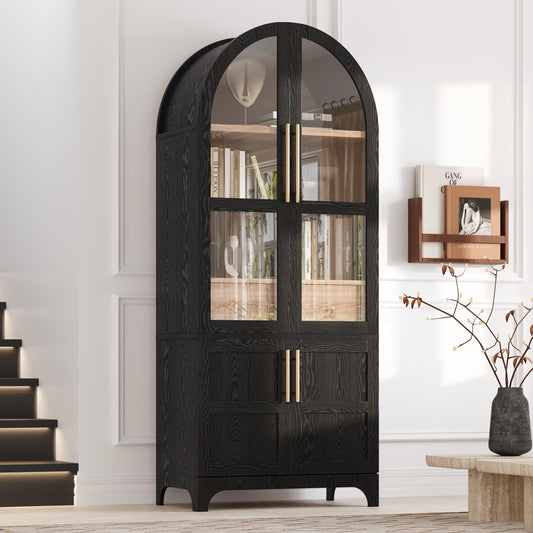 GDFStudio Mariah 71" Tall Arched Kitchen Pantry Cabinet with Hidden Drawer, Glass Door & Adjustable Shelves, Farmhouse Storage Cabinet Cupboard for Kitchen Dining Room, Home Pantry Storage, Black