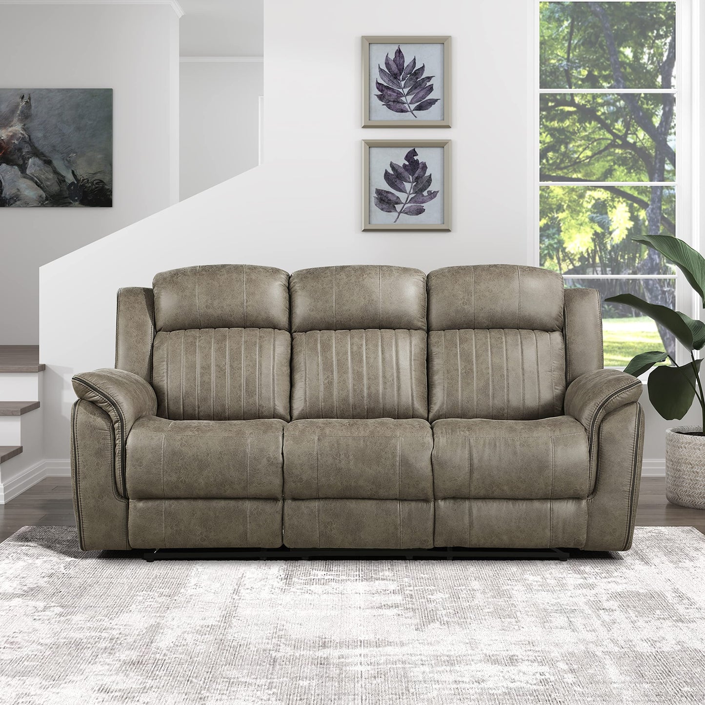 Lexicon 83.5" W Manual Double Reclining Sofa, Polished Microfiber Recliner Sofa, Pillow Top Arms, for Living Room, Apartment,Easy Assembly, Sandy Brown