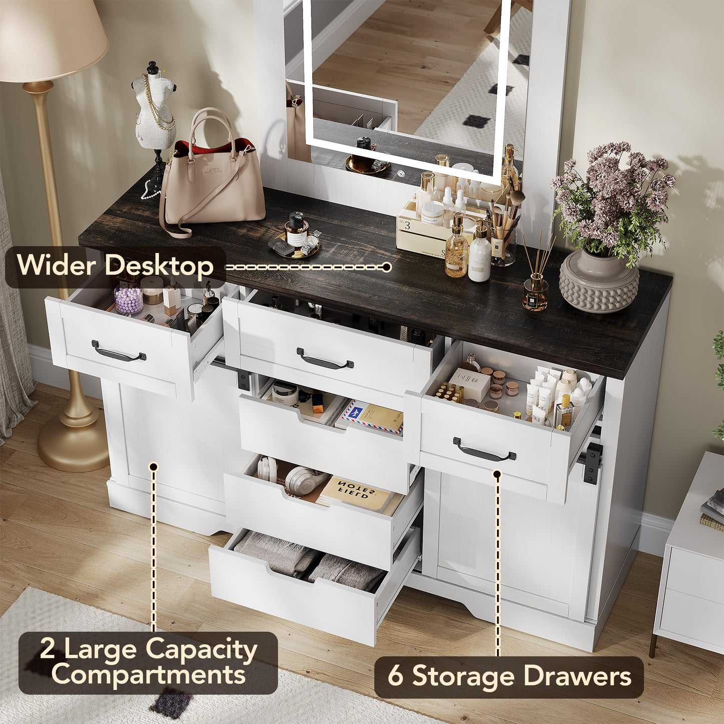 GarveeHome 47.2 in Farmhouse Buffet Cabinet, Sideboard Cabinet with LED Mirror, White Coffee Bar with 6 Drawers for Dinning Room, Kitchen, Living Room