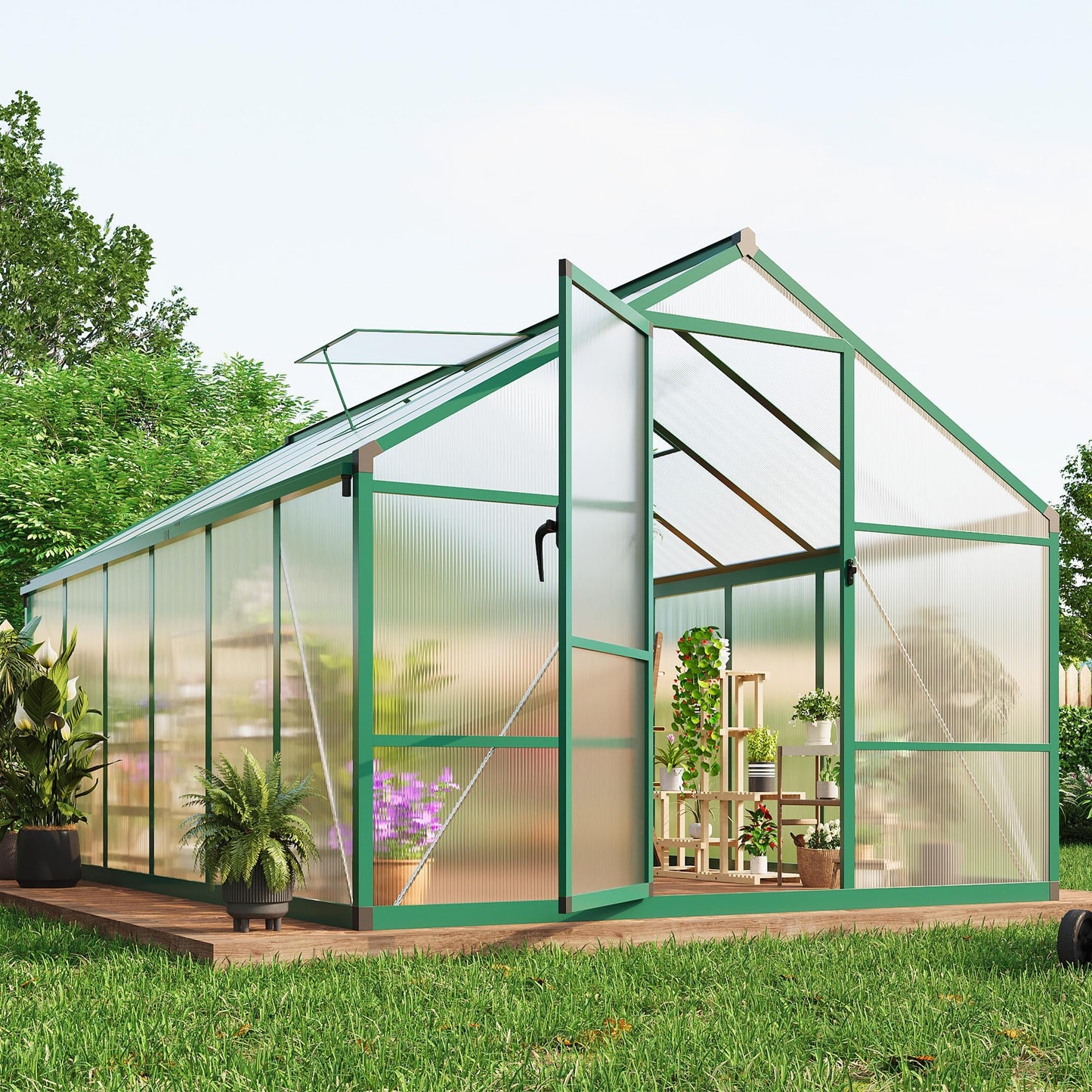 8x12 FT Polycarbonate Greenhouse for Outdoors, Aluminum Frame Green House with Lockable Door, Adjustable Roof Vent and Rain Gutters for Backyard, Garden, Patio