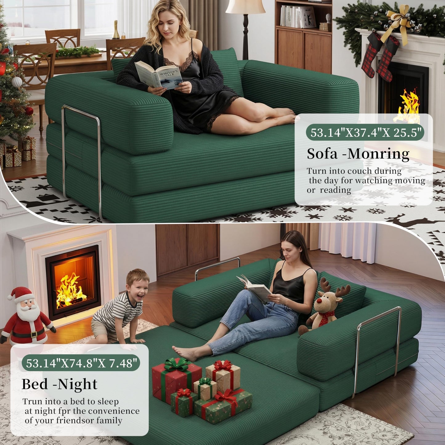 4 in 1 Convertible Sofas Boneless Couches with 2 Pillow, Modern Corduroy Futon Bed, Modular Queen Sofa with Pull-Out Bed, LoveSeat for Living Room, Small Space Apartment (Green, 53.15"Double Sofa)