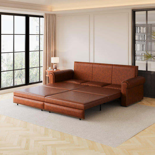 Ball & Cast 3-in-1 Convertible Sofa Bed,93.7" Faux Leather King Pull Out Couch Bed, Loveseat Sleeper Sofa with Nailhead Trim & Rolled Arm,Multi-Functional Sofa Couches for Living Room,Brown