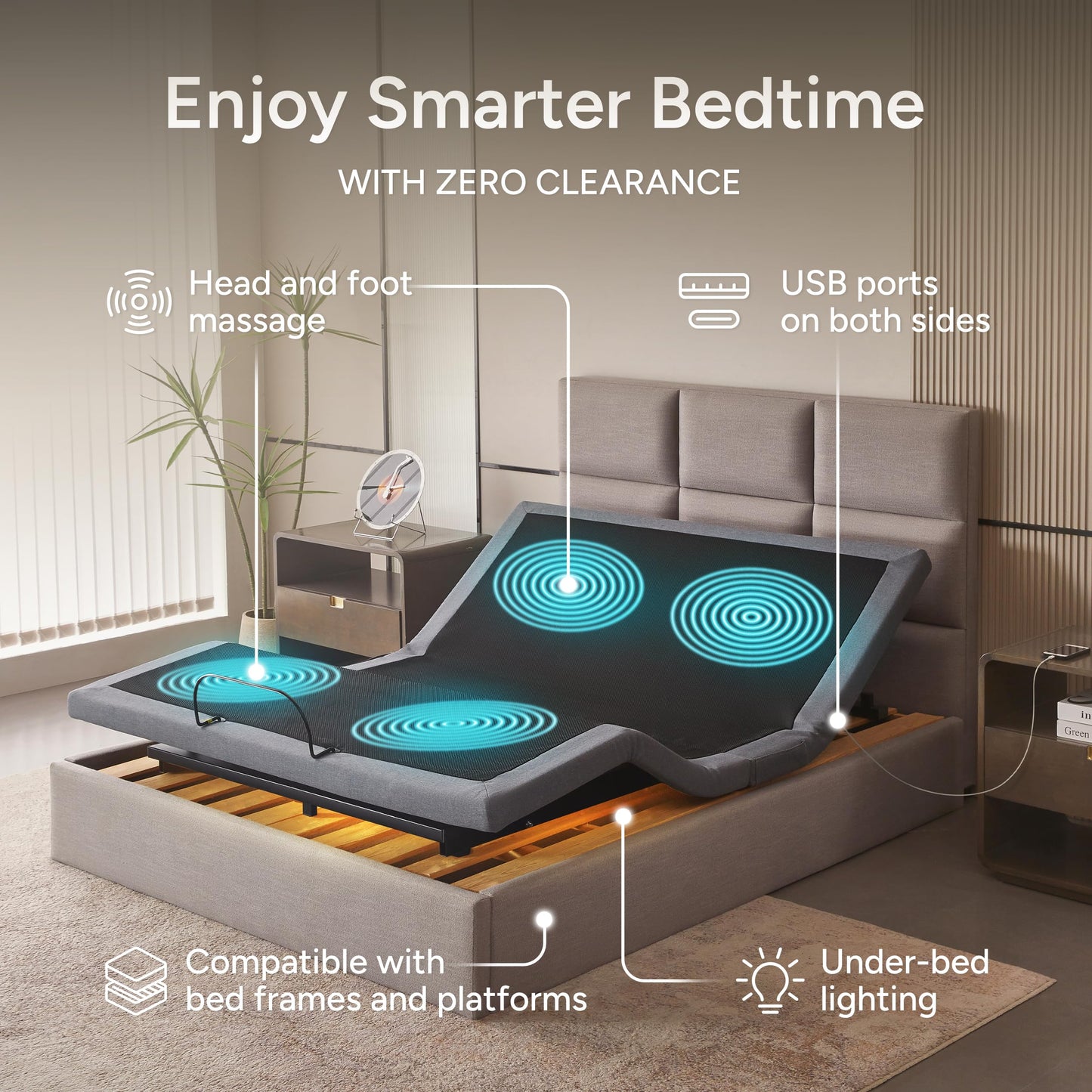 Renanim SFE Cal King Adjustable Bed Frame - Zero Clearance Smart Frame, Electric Massage, Wireless Remote for Head & Foot Lift, 3 Height-Adjustable Legs - Zero Gravity - Underbed Lights & 4 USB Ports