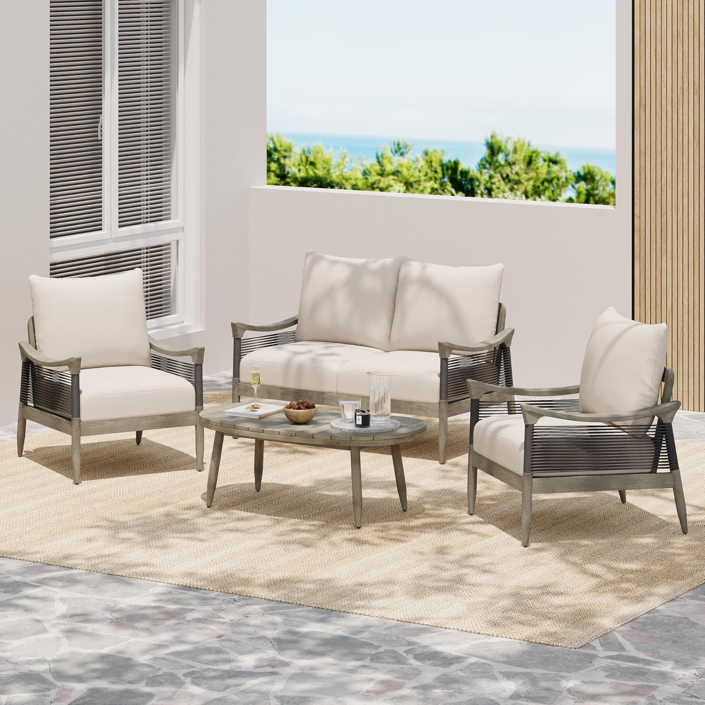 Christopher Knight Home Havets 4 Piece Patio Conversation Sets, Outdoor Acacia Wood Patio Seating Group,Woven Rope Loveseat Chairs with Cushions and Coffee Table for Porch Backyard Balcony, Gray+Beige