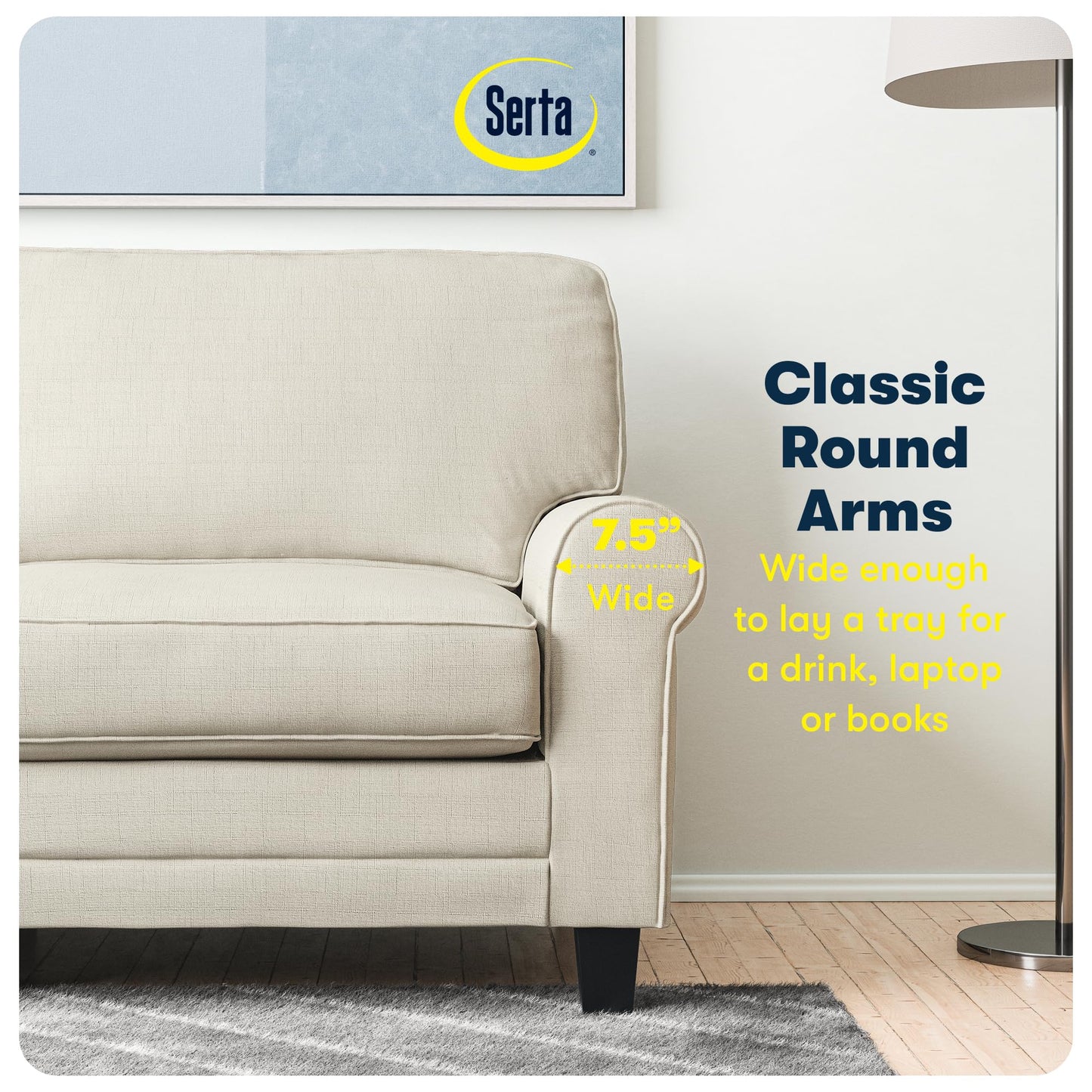 Serta Copenhagen 73" Rolled Arm Sofa, Easy Care Polyester, Soft Pillow Back, Pocket Coil Seat Cushions, Removable Covers, Loveseat or Couch for Small Spaces, Living Rooms or Bedrooms, Buttercream