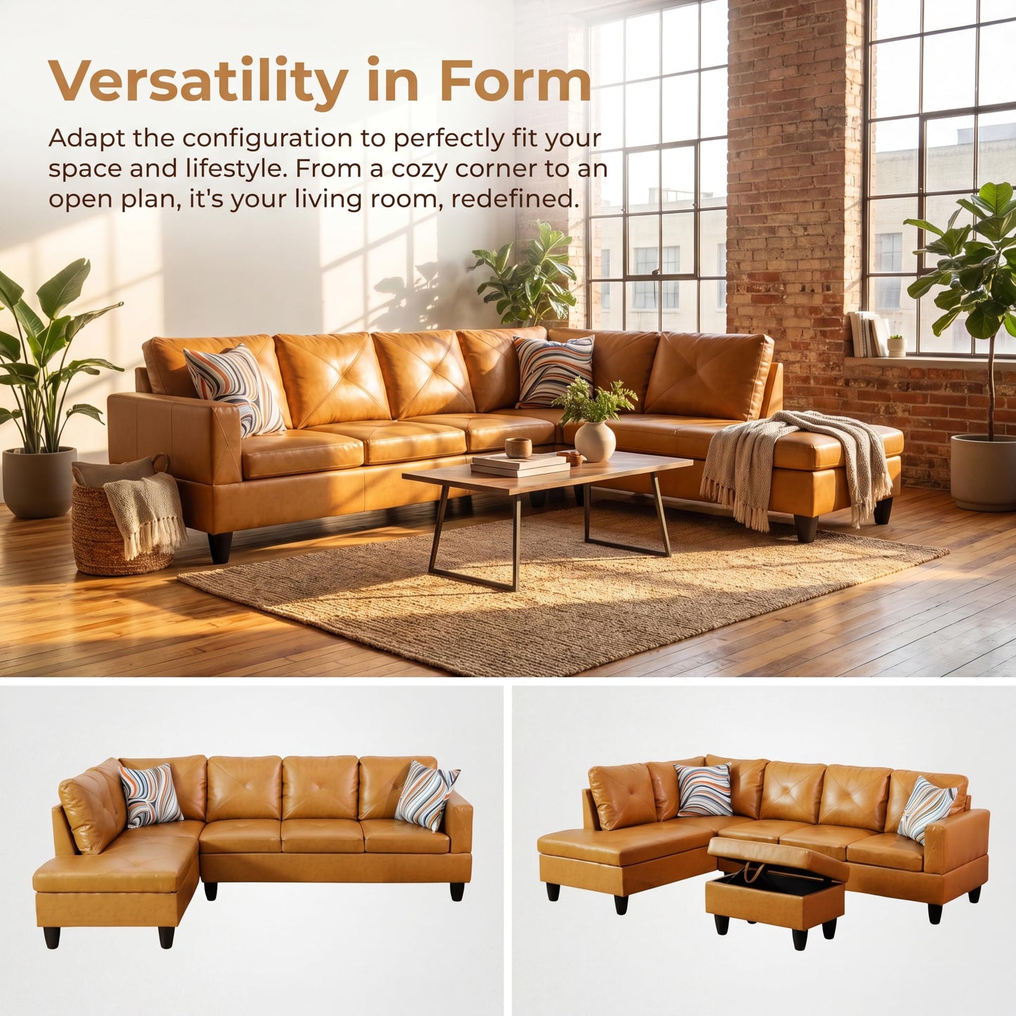 Topcomfy Leather L Shaped Sectional Couches for Living Room - 97.5“ x 66.5" Modular Sectional Sofa with Storage Ottoman, 4 Seat Home Sofa Living Room Furniture Sets with Chaise for Apartment, Ginger