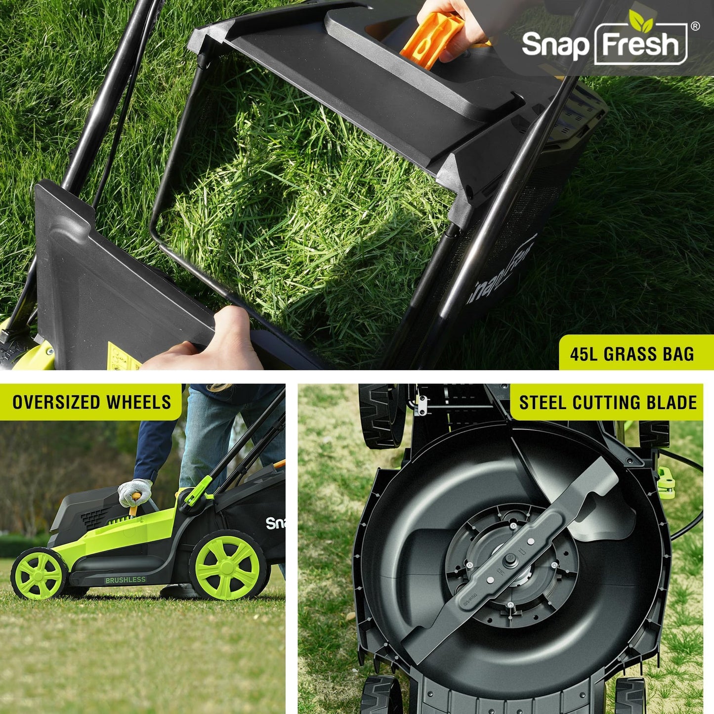 SnapFresh 40V 17” Brushless Lawn Mower – 2 x 5.0Ah Batteries Electric Cordless Push Mower with Fast Charger, 6-Level Height Adjustment, 45L Grass Bag, Lightweight Battery Powered Mower
