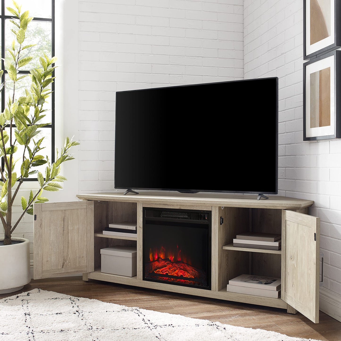 Crosley Furniture Camden Corner Fireplace TV Stand for 65+ inch TVs, Entertainment Center with Storage Shelves, Frosted Oak